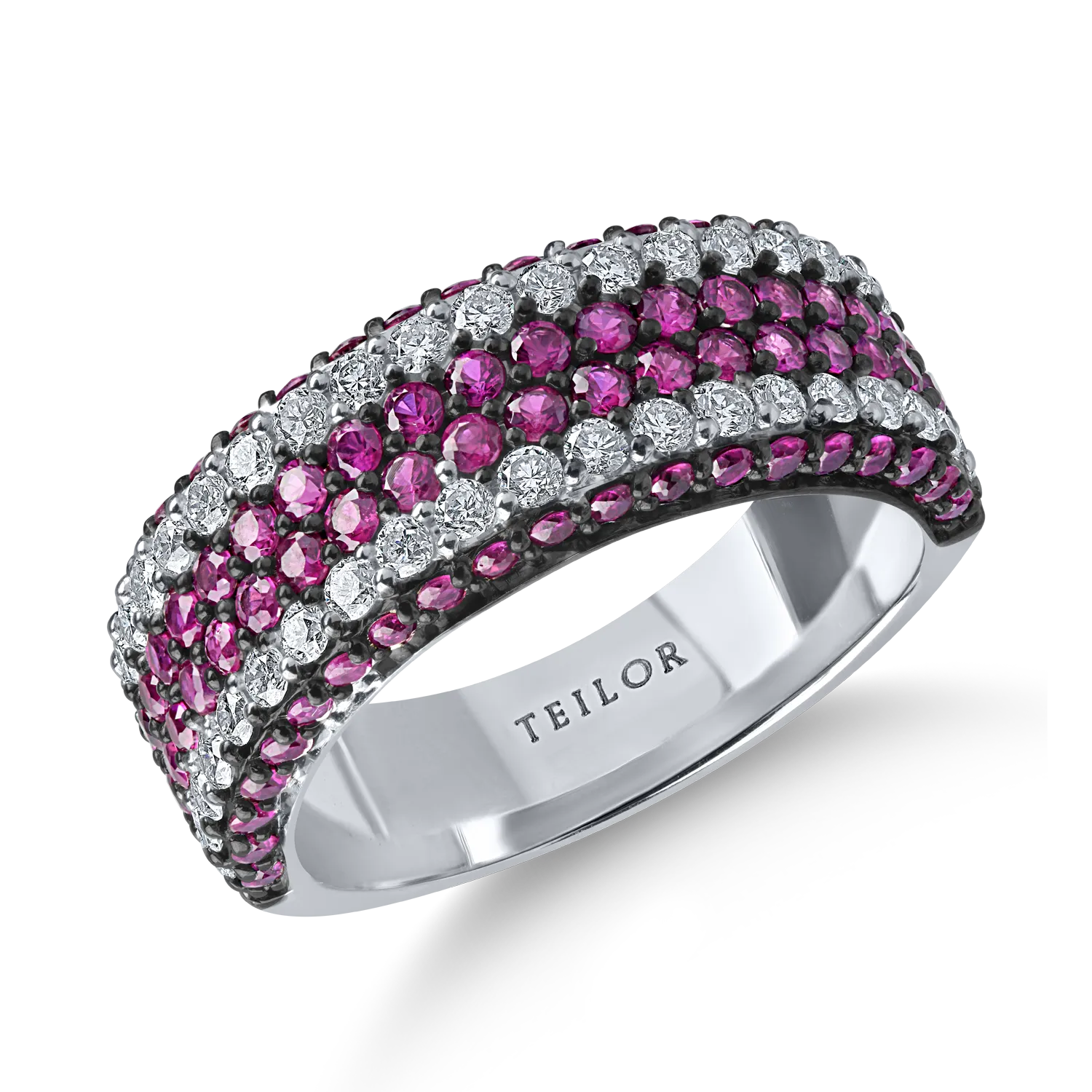 Inel din aur alb cu rubine de 1.3ct si diamante microsetting de 0.6ct
