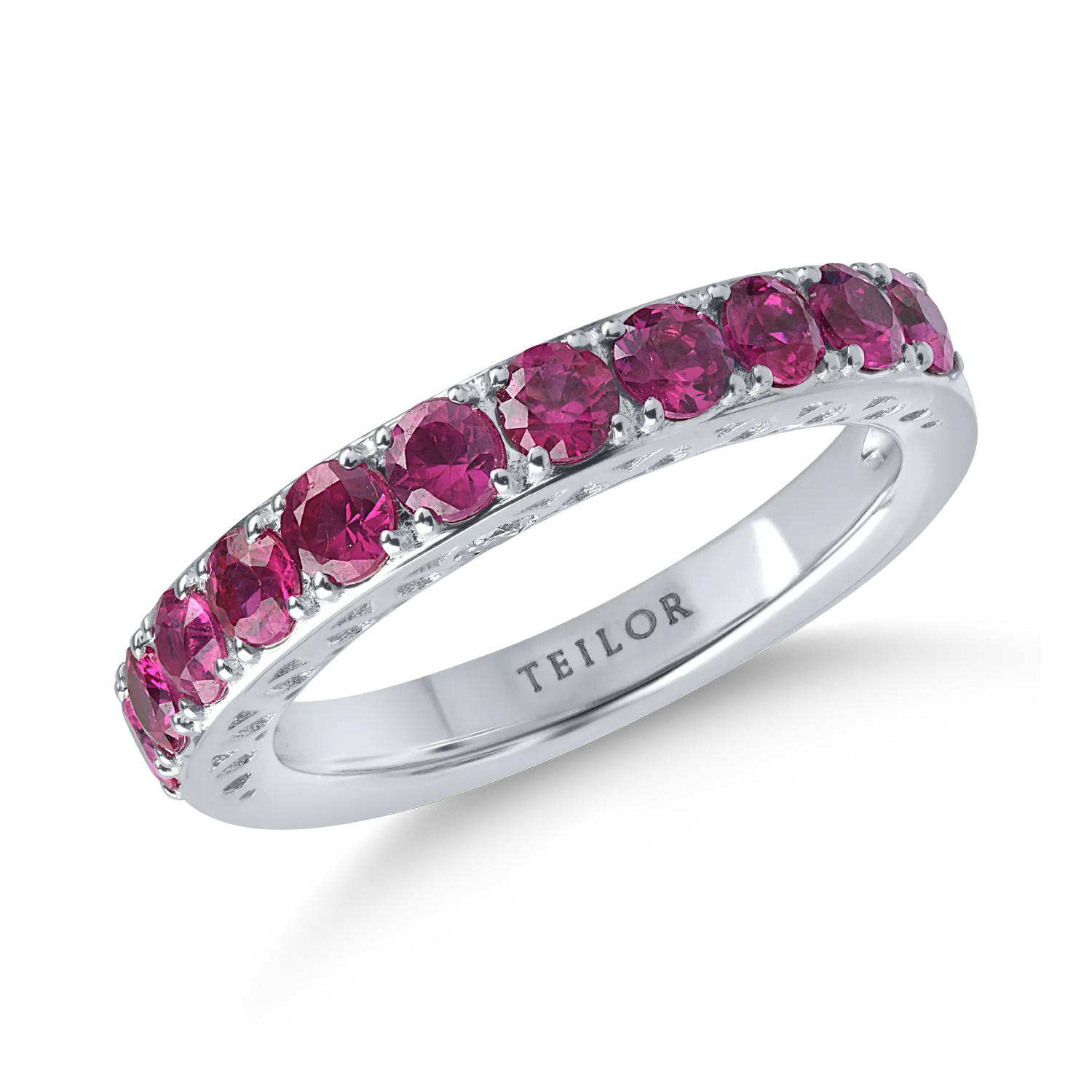 Inel semi eternity din aur alb cu rubine de 1.3ct si diamante de 0.07ct