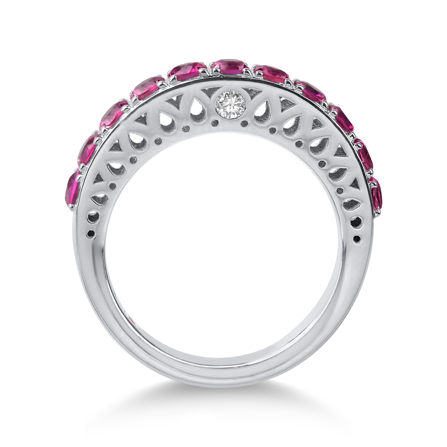 Inel semi eternity din aur alb cu rubine de 1.3ct si diamante de 0.07ct