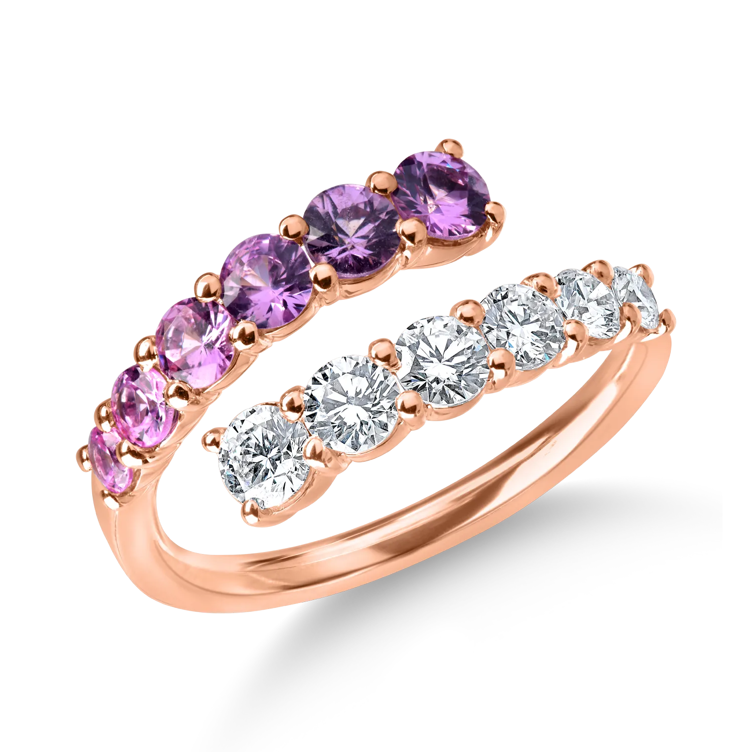 Inel deschis din aur roz cu safire roz de 0.8ct si diamante de 0.7ct
