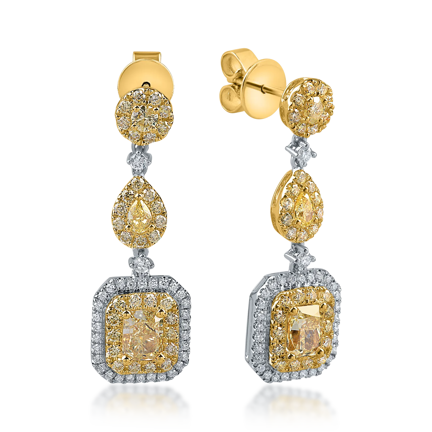 Cercei din aur alb-galben cu diamante galbene si incolore de 2.5ct
