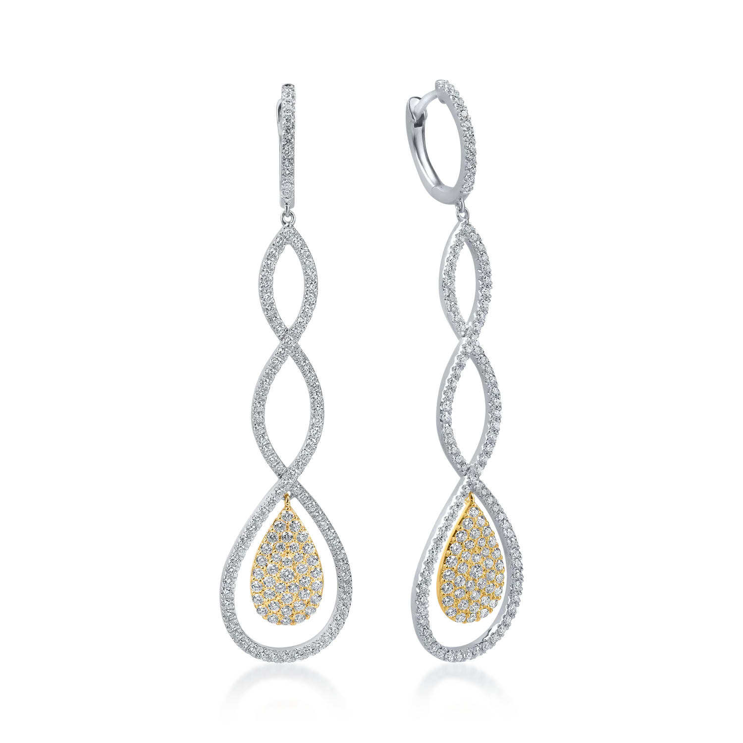Cercei lungi din aur alb-galben cu diamante baguette de 1.5ct