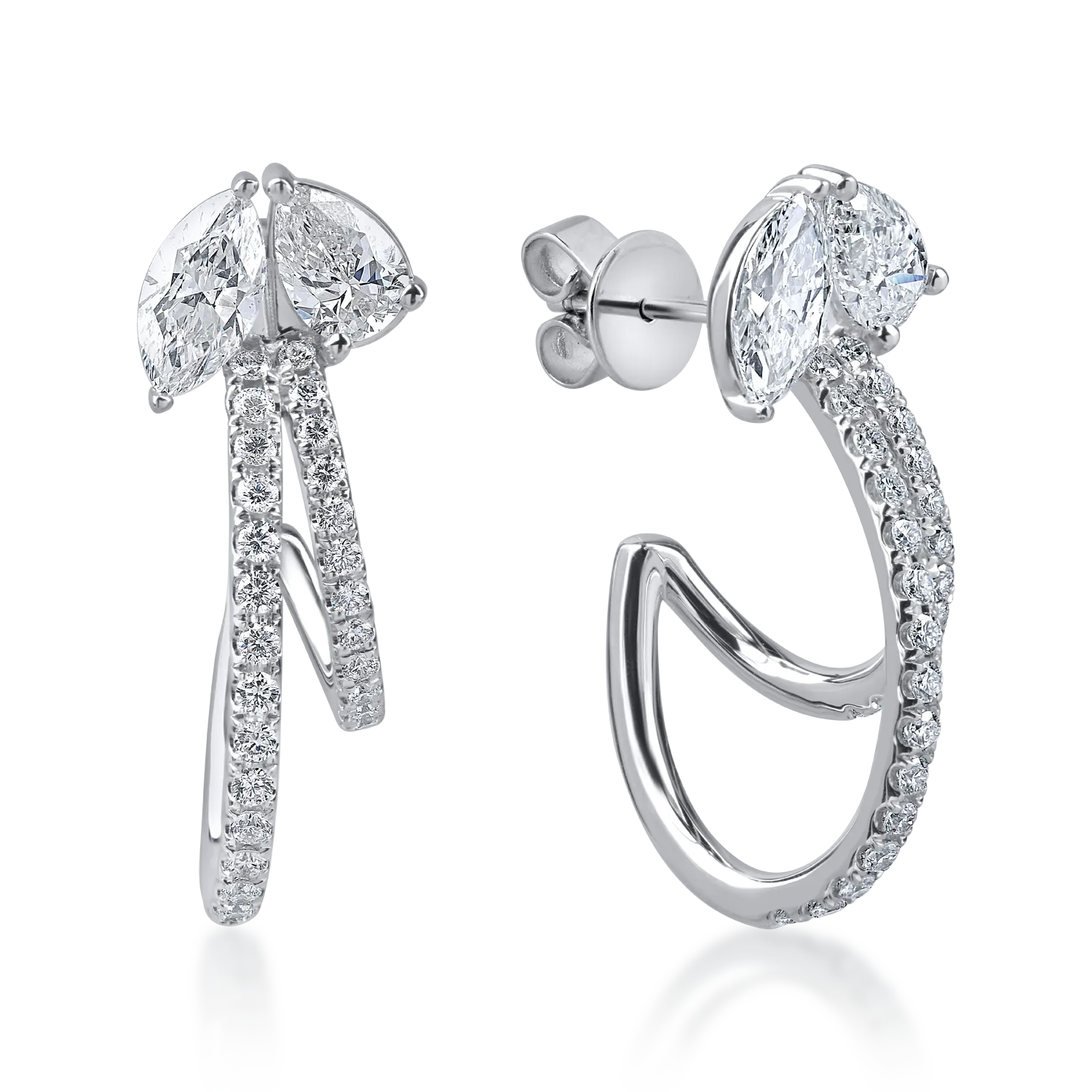 Cercei din aur alb cu diamante marquise, pear si rotunde microsetting de 1.9ct
