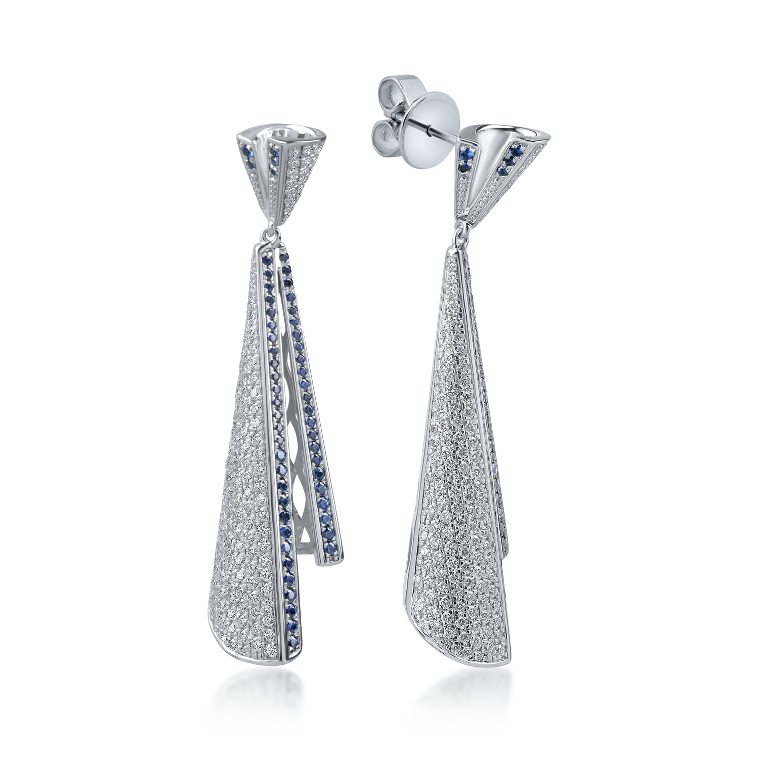 Cercei lungi din aur alb cu diamante de 1.7ct si safire de 0.7ct