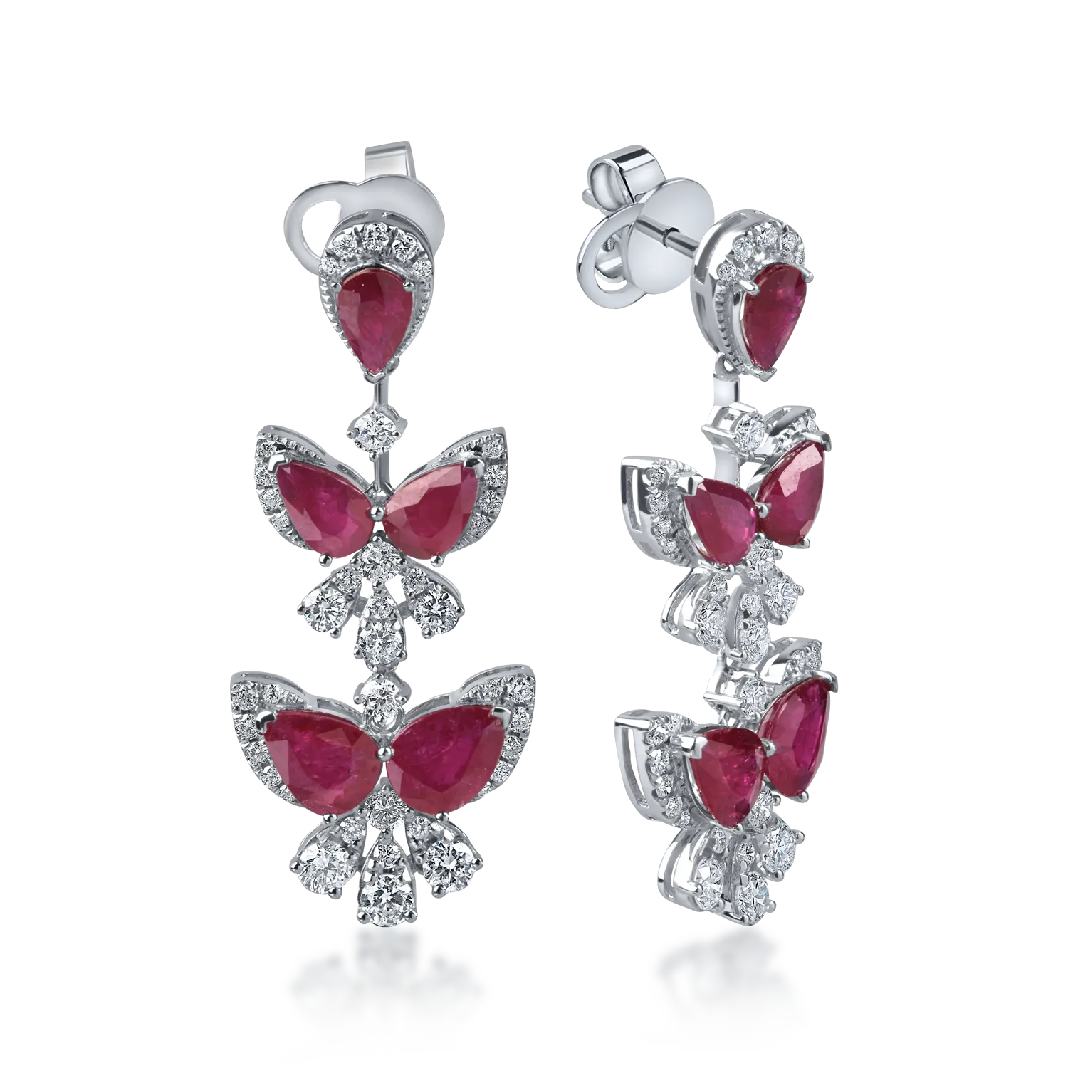 Cercei lungi din aur alb cu rubine pear de 6.1ct si diamante round de 1.5ct