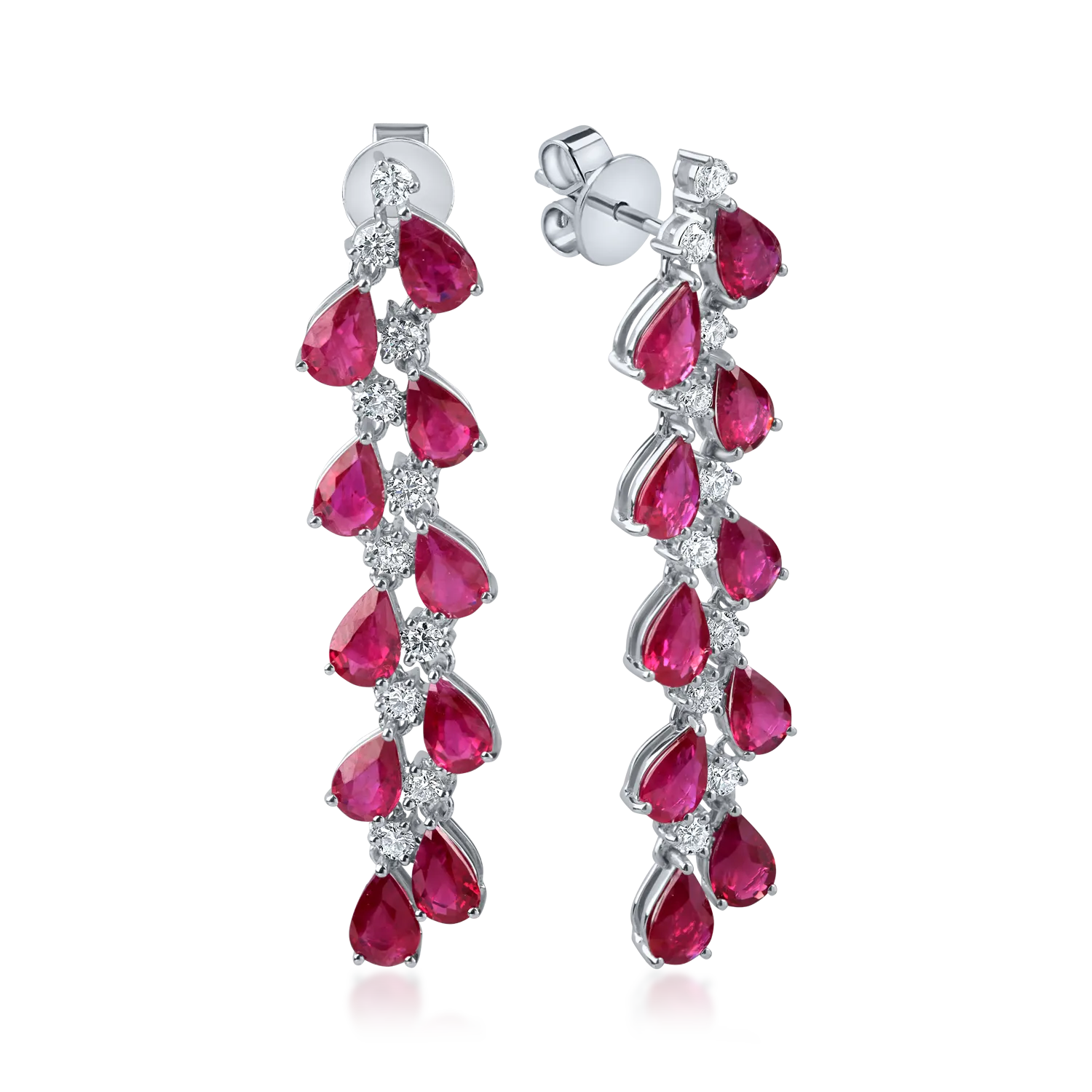 Cercei candelabru din aur alb cu rubine pear de 7.4ct si diamante round de 0.9ct