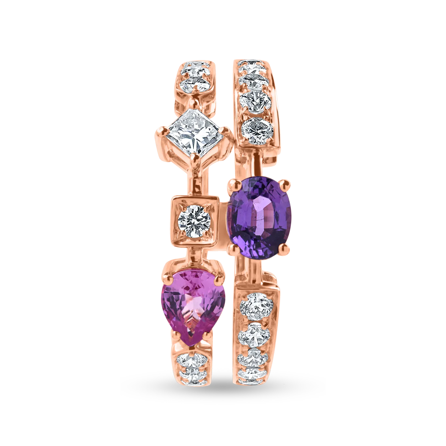 Rózsaarany gyűrű 1.4ct gyémánttal és zafírokkal