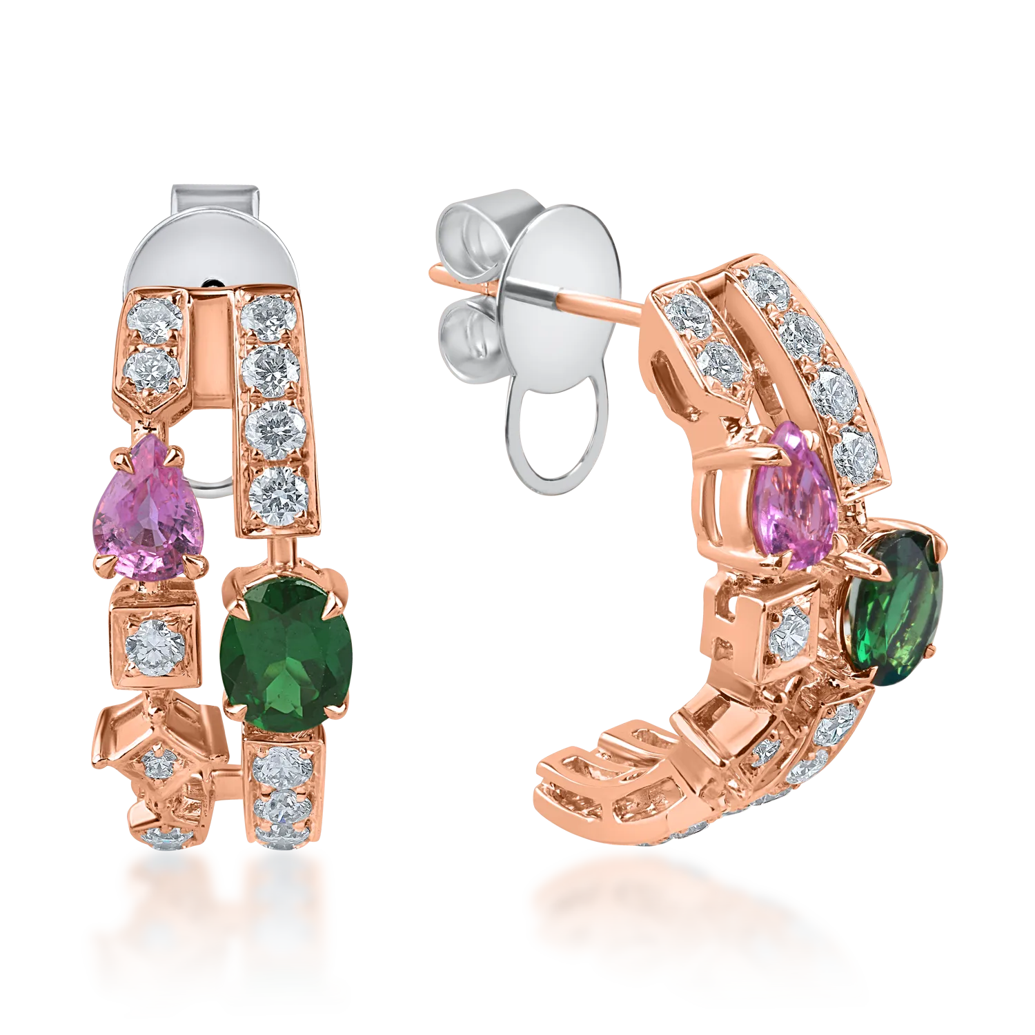 Kolczyki z białego i różowego złota z kamieniami szlachetnymi i półszlachetnymi o masie 2.7ct