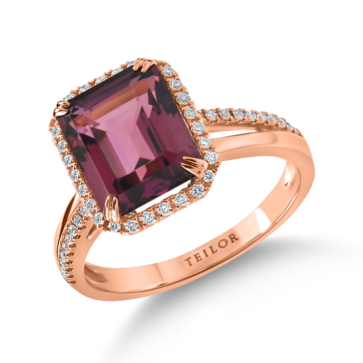 Inel geometric din aur roz cu turmalina roz de 4.1ct si diamante de 0.2ct