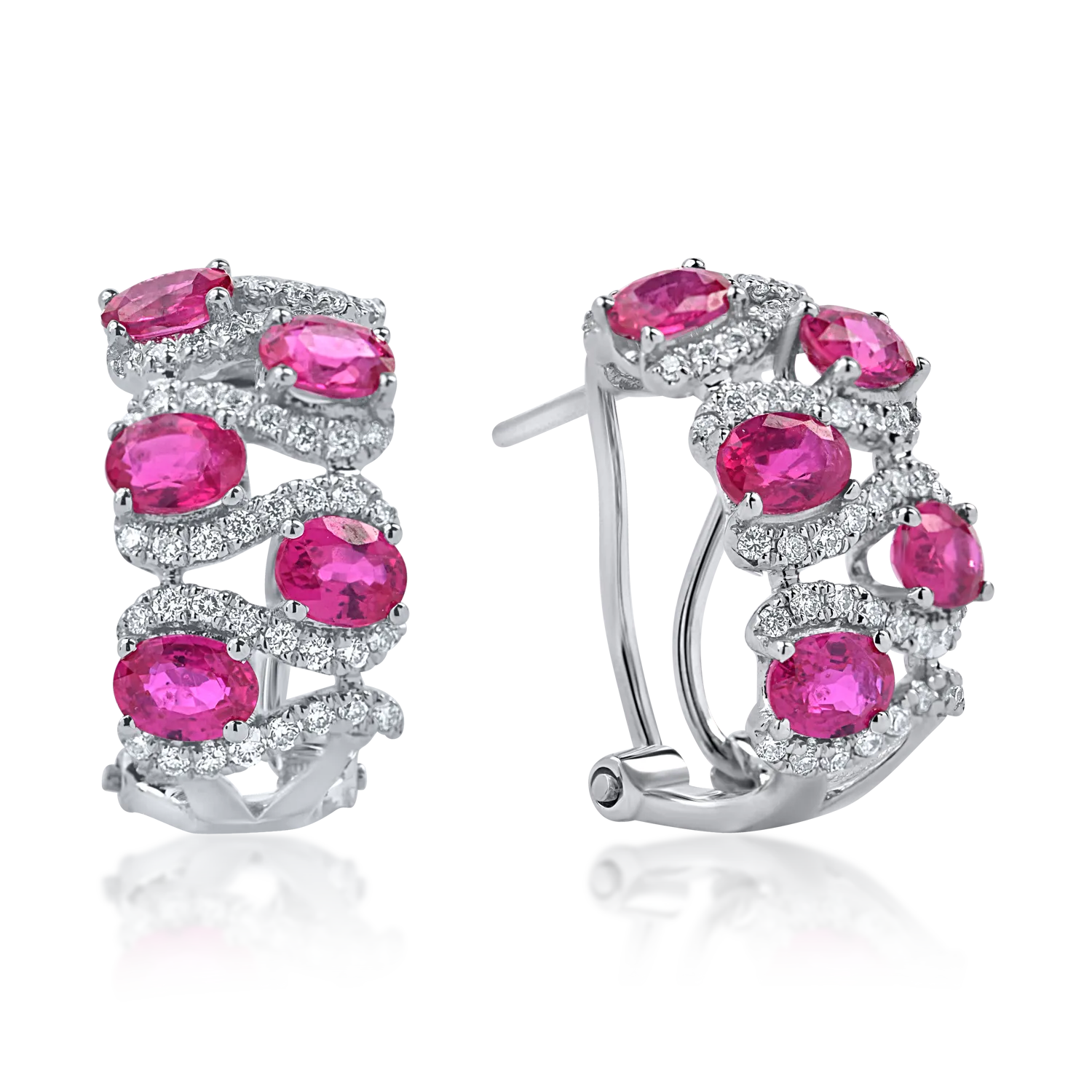 Białe złote kolczyki na ucho z rubinami o masie 2.1ct i diamentami o masie 0.3ct