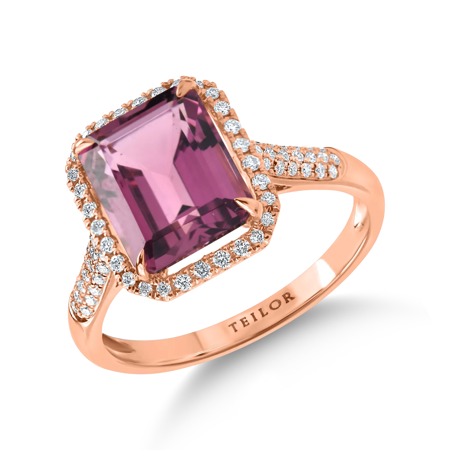 Inel geometric din aur roz cu turmalina roz de 3.1ct si diamante de 0.2ct