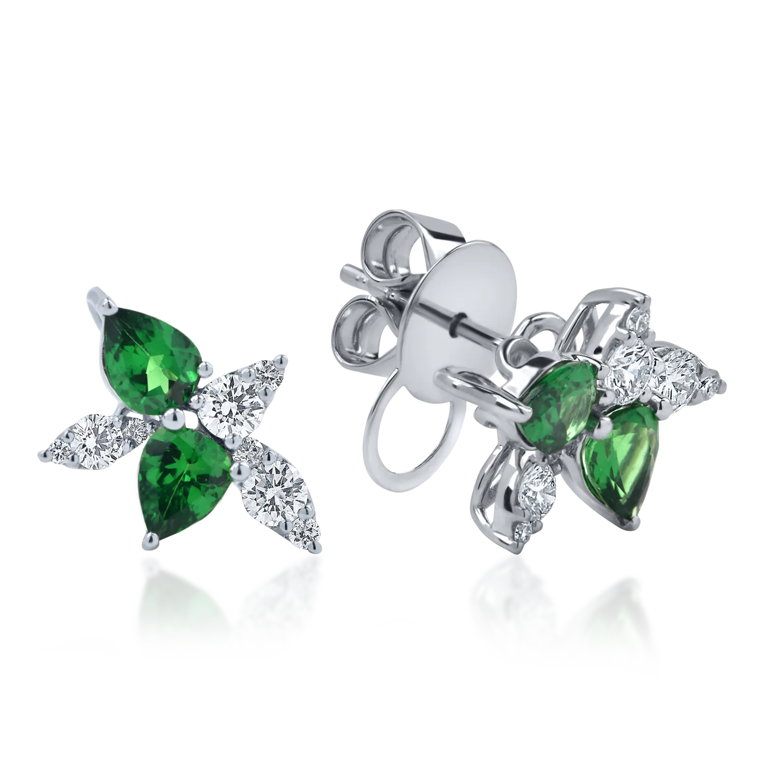 Cercei din aur alb cu tzavorite verzi pear si diamante de 1.5ct