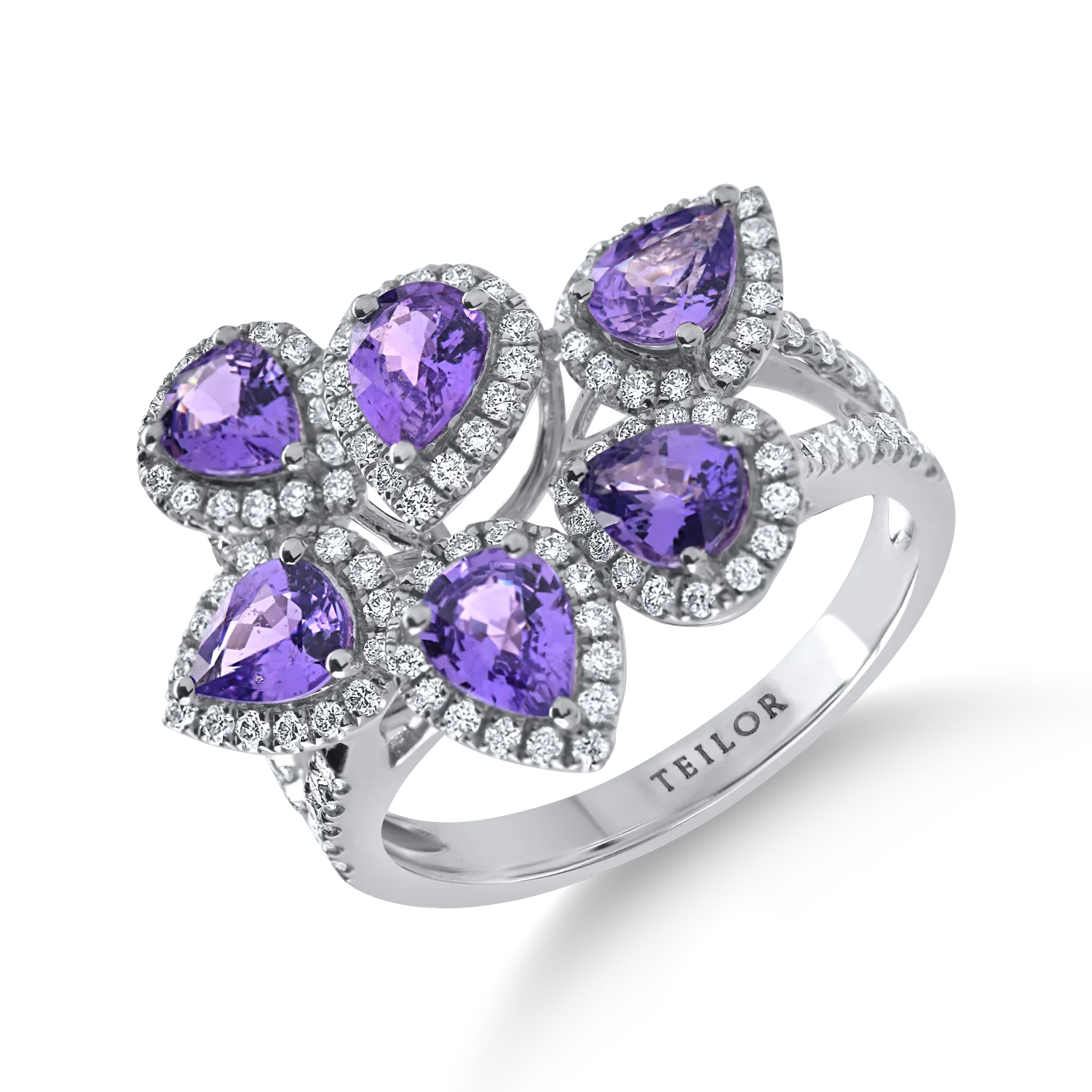 Teilor Inel din aur alb cu safire violet pear si diamante de 2.7ct