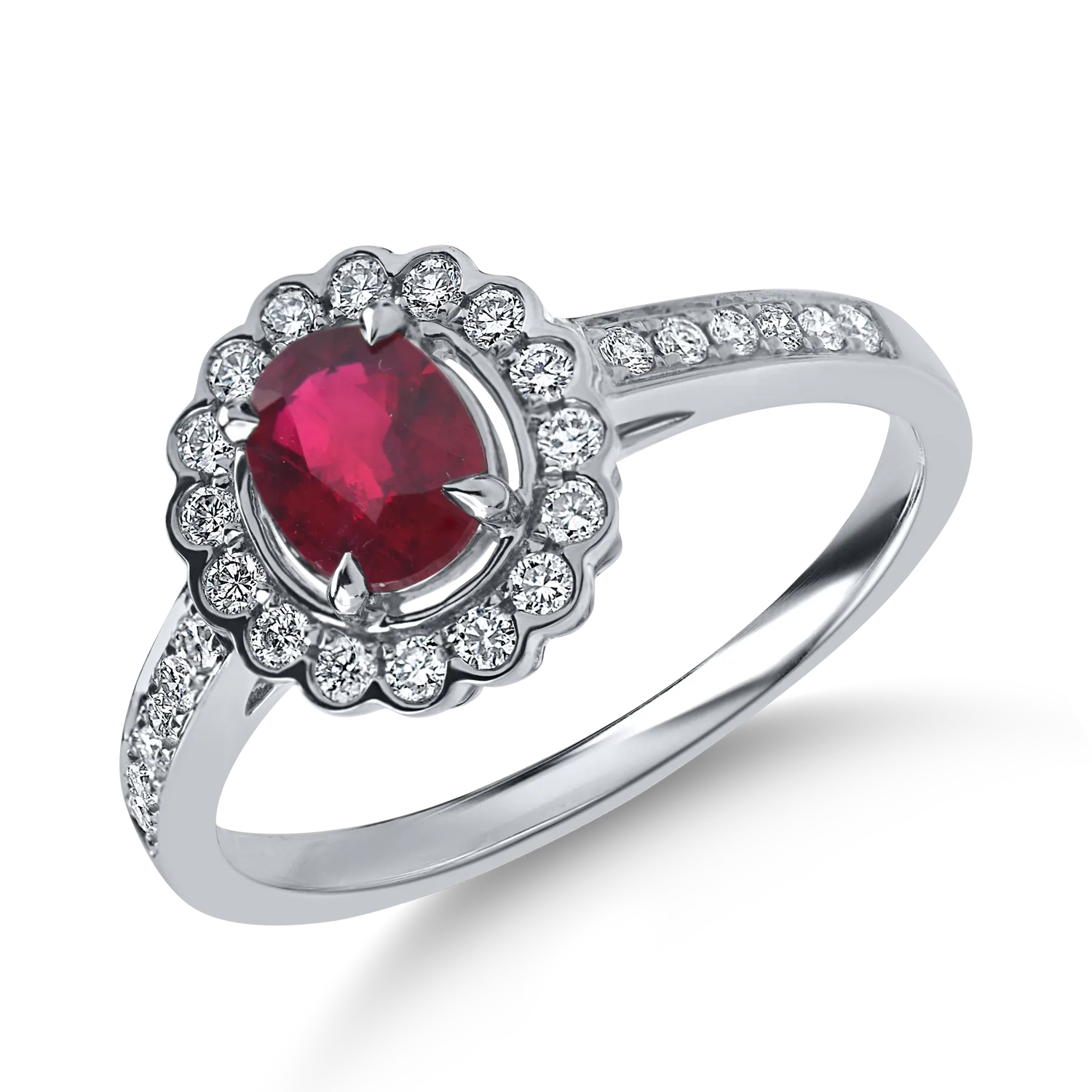 Inel din aur alb cu un rubin oval si diamante de 1ct