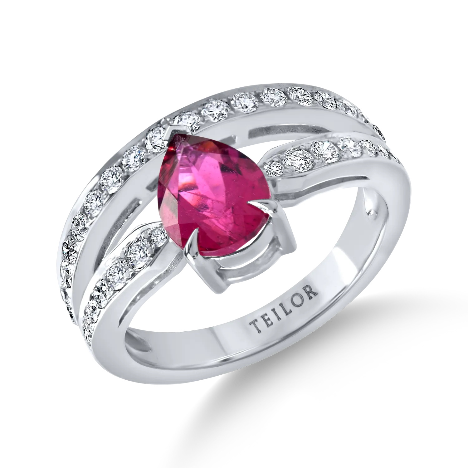 Inel din aur alb cu un rubelit pear si diamante de 1.8ct