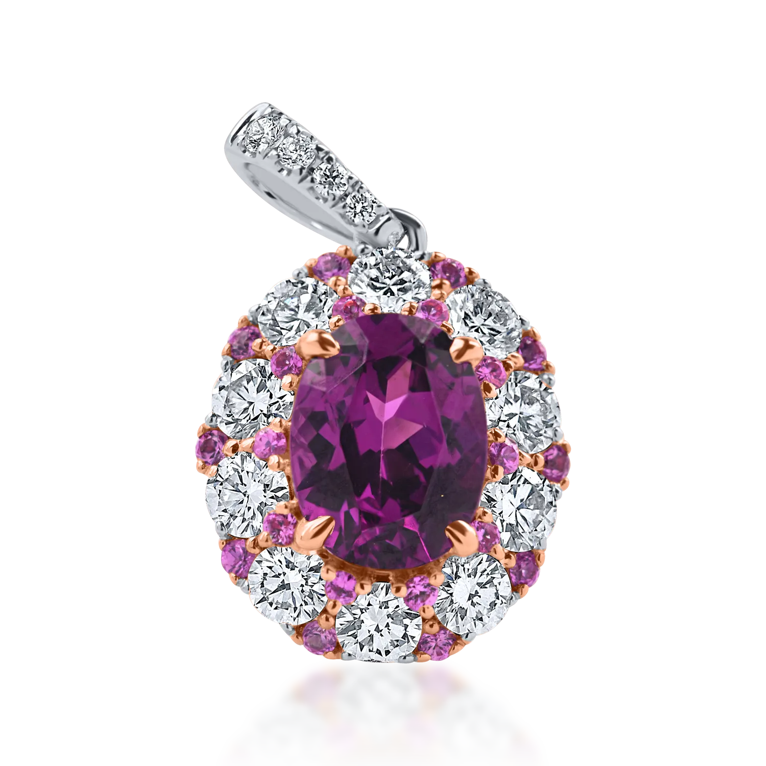 Teilor Pandantiv geometric din aur alb cu granat oval, safire roz si diamante de 2.5ct