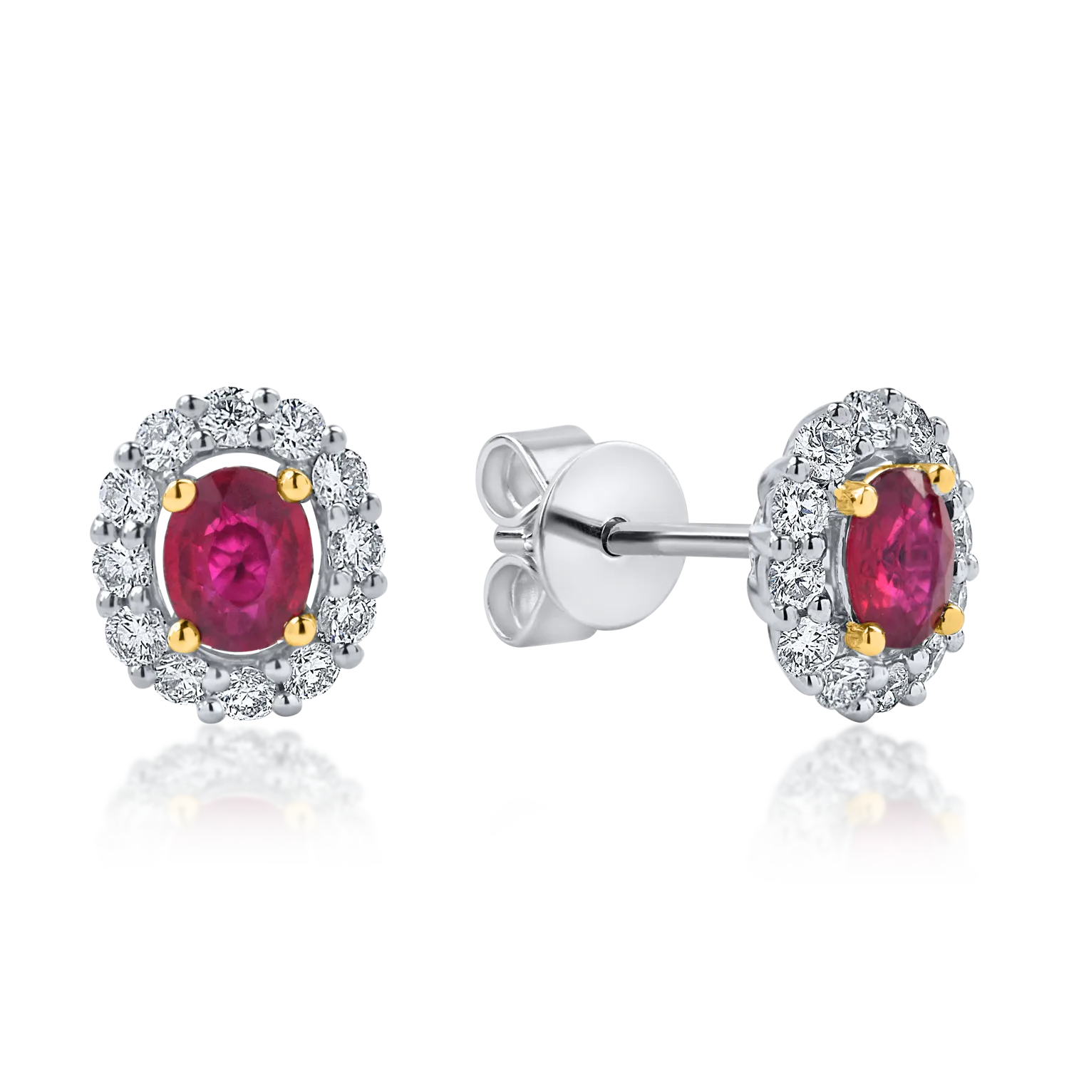 Cercei geometrici din aur alb-galben cu rubine si diamante de 1.2ct