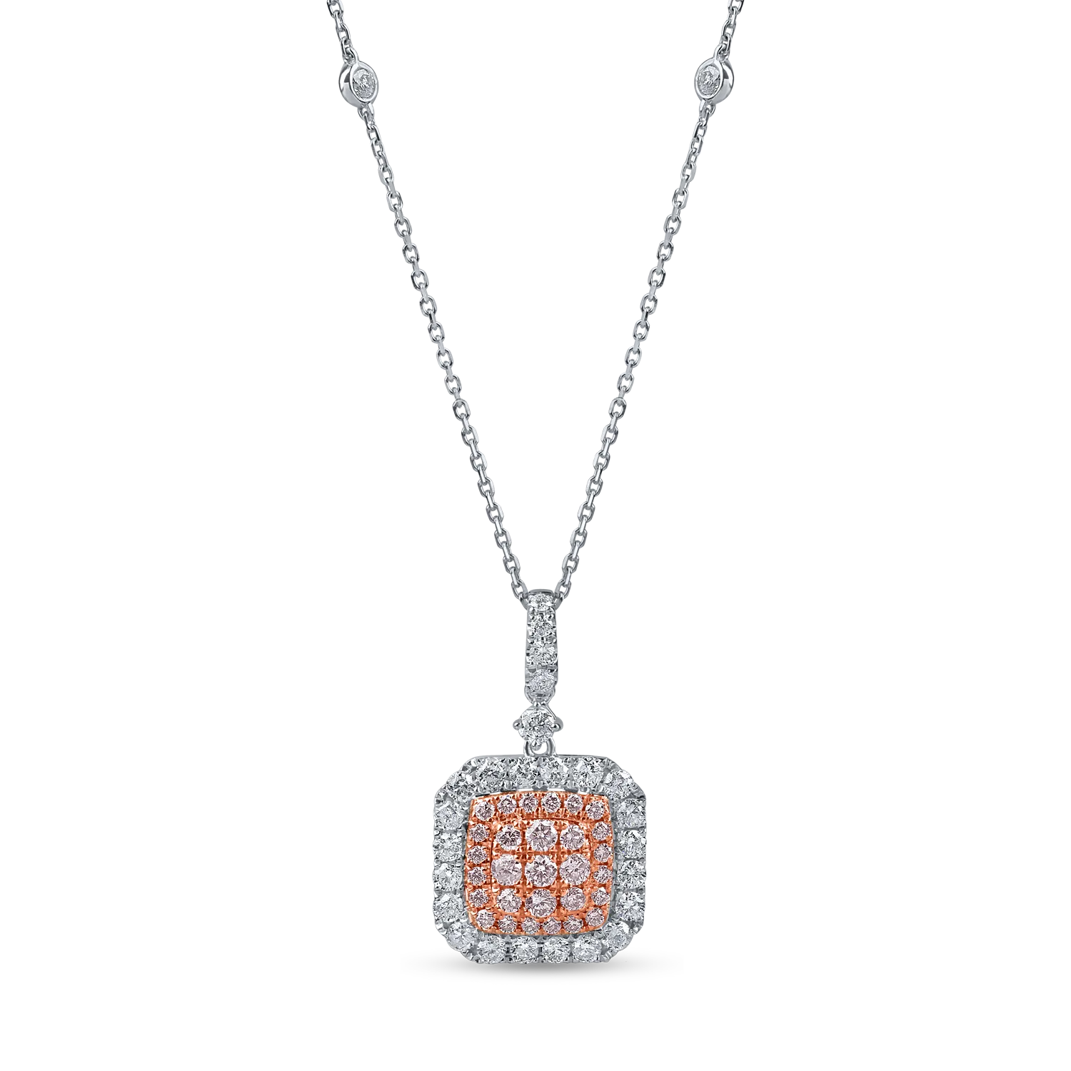Lant cu pandantiv din aur alb-roz cu diamante roz si incolore de 1ct