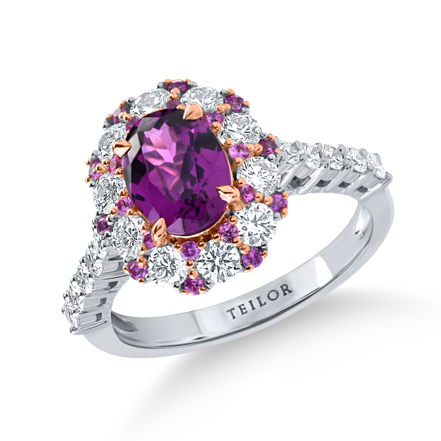 Inel din aur alb cu granat mov oval de 1.5 ct, diamante de 0.9ct si safire roz de 0.2ct