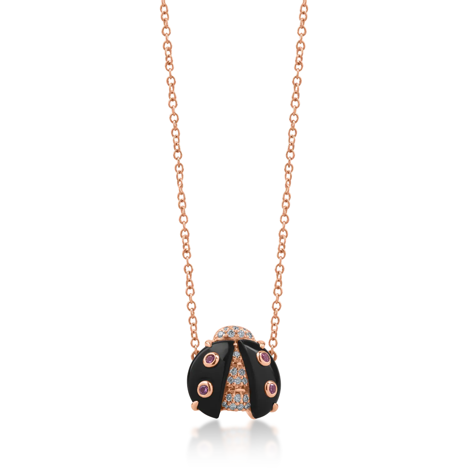 Lant cu pandantiv buburuza din aur roz cu pietre pretioase si semipretioase de 1.53ct