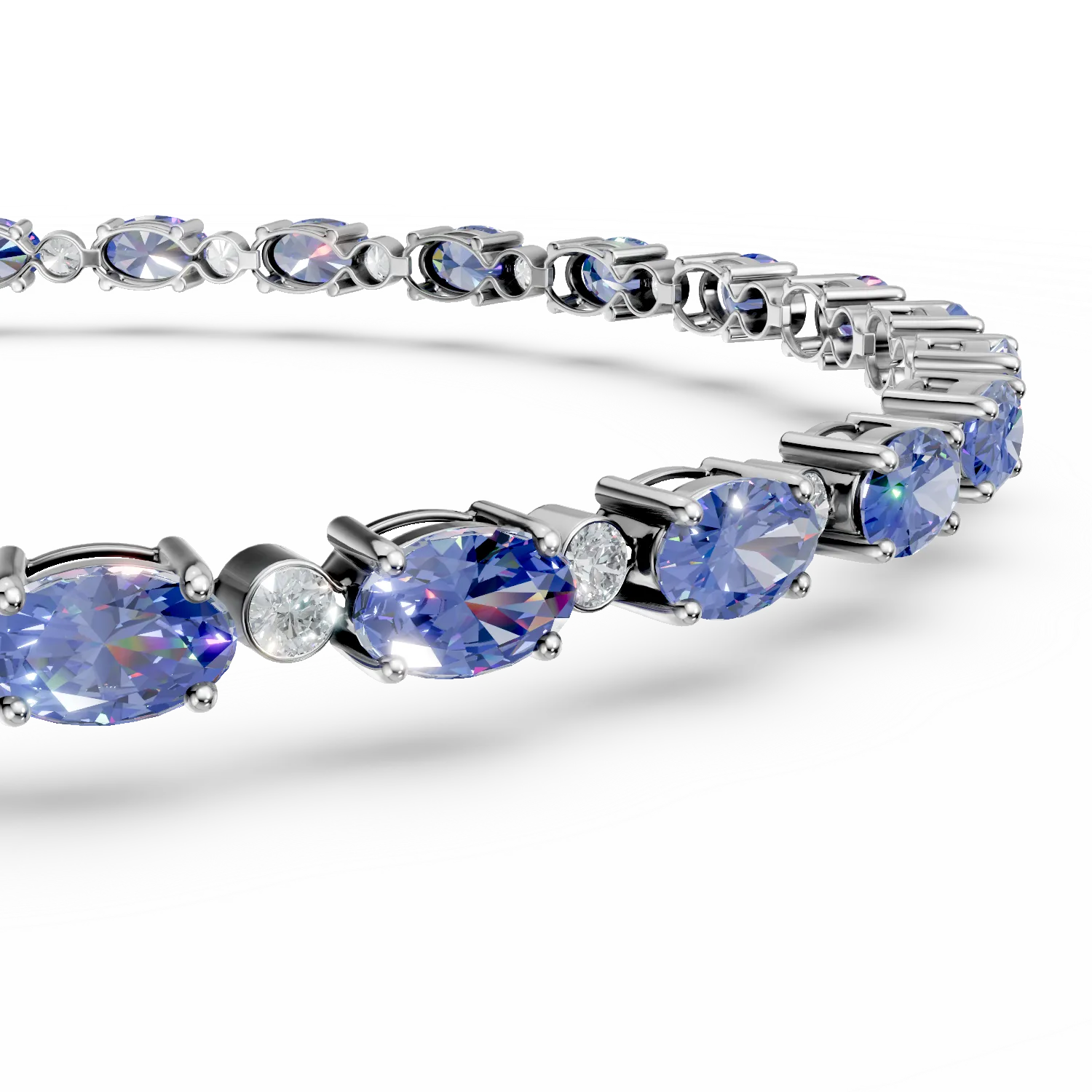 Bransoletka tenisowa z białego złota z tanzanitami 7.3ct i diamentami 0.6ct
