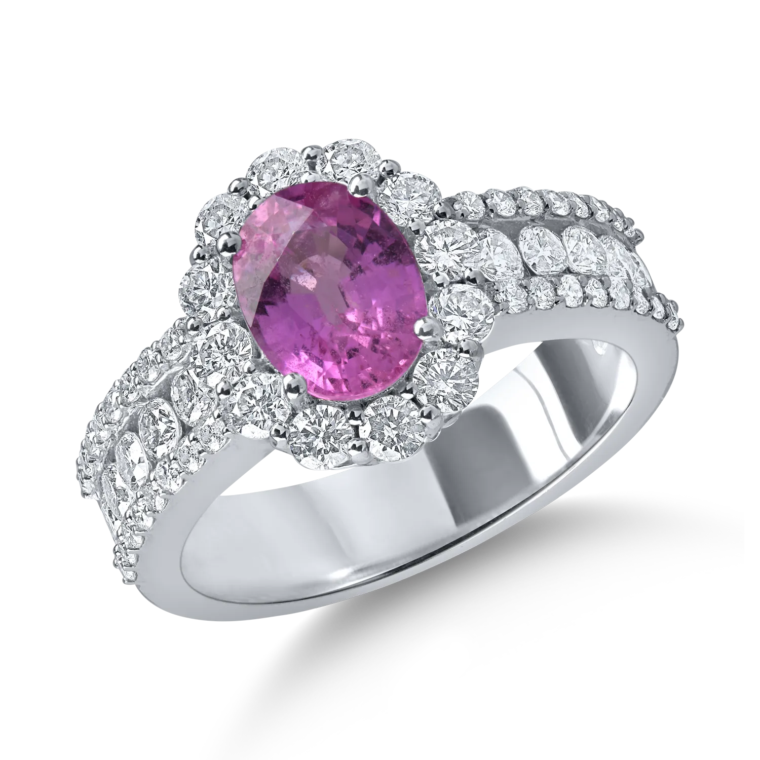 Inel din aur alb cu un safir roz oval de 1.69ct si diamante de 1.2ct