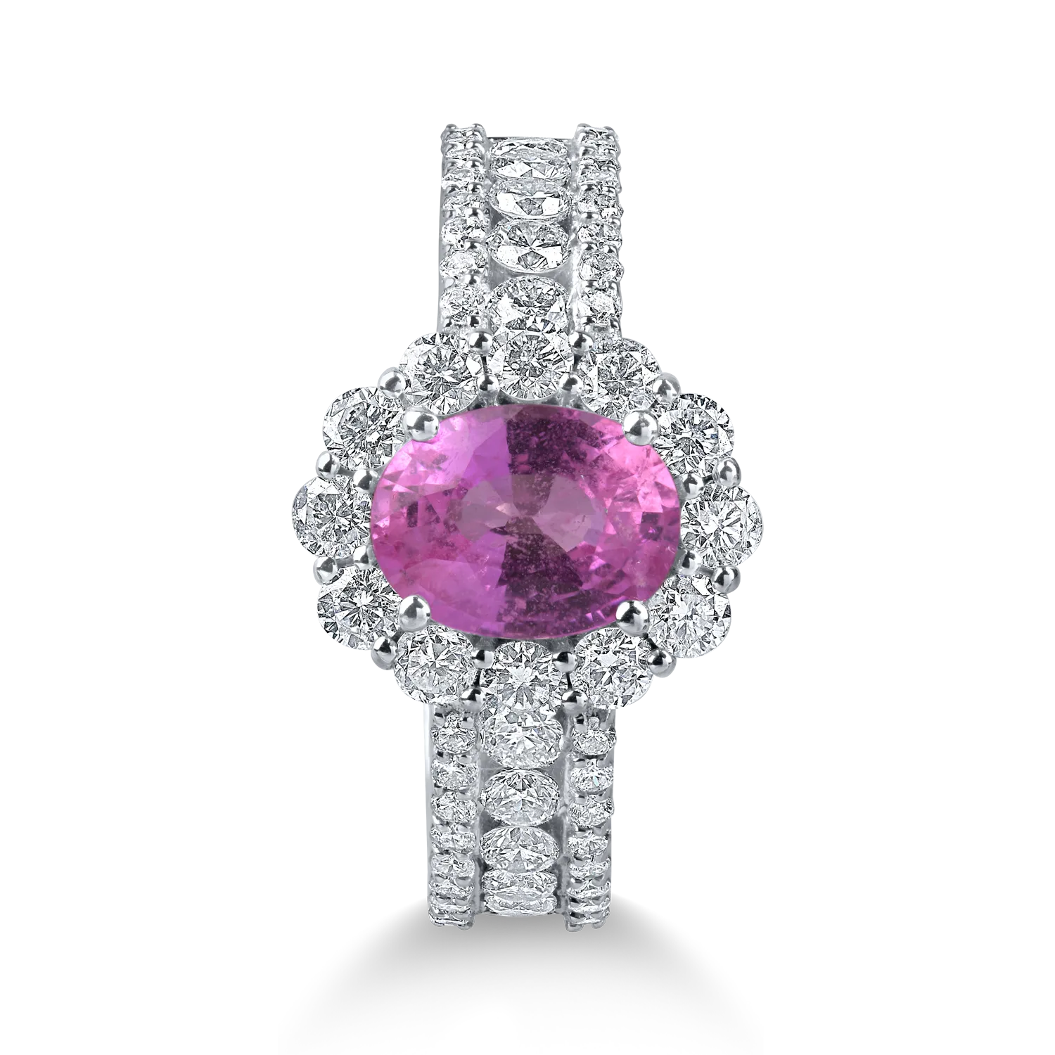 Inel din aur alb cu un safir roz oval de 1.69ct si diamante de 1.22ct