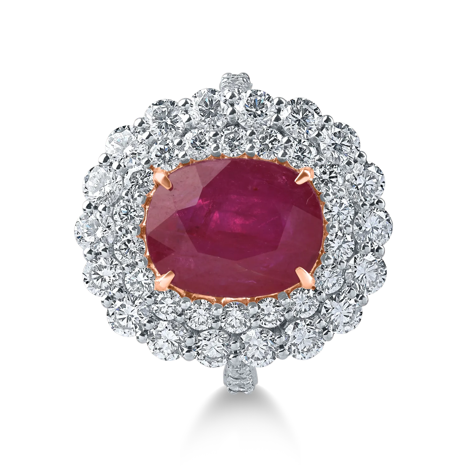 Inel din aur roz cu rubin oval si diamante de 7.3ct