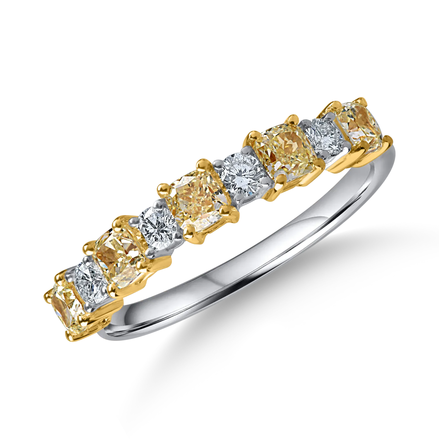 Inel semi eternity din aur alb-galben cu diamante galbene si incolore de 1.2ct