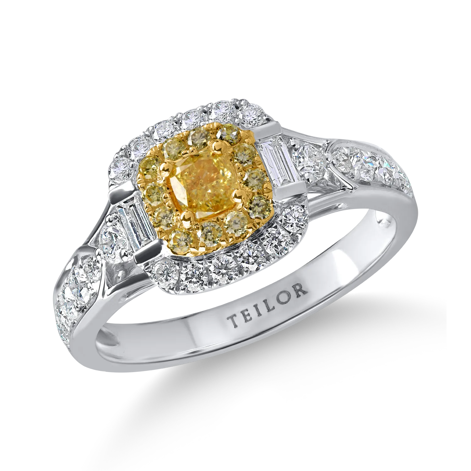 Inel clasic din aur alb-galben cu diamante galbene si incolore de 1.6ct