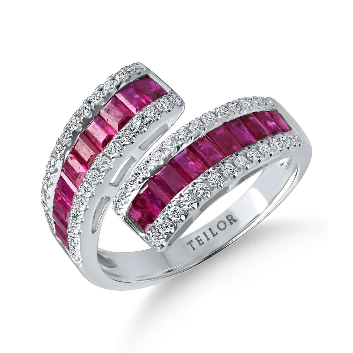 Inel deschis din aur alb cu rubine baguette de 1.5ct si diamante de 0.36ct