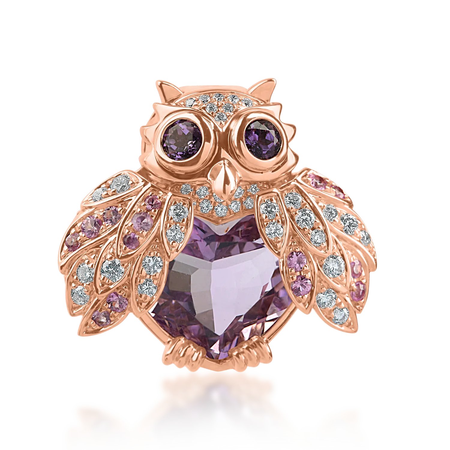 Brosa bufnita din aur roz cu pietre pretioase si semipretioase de 5.35ct