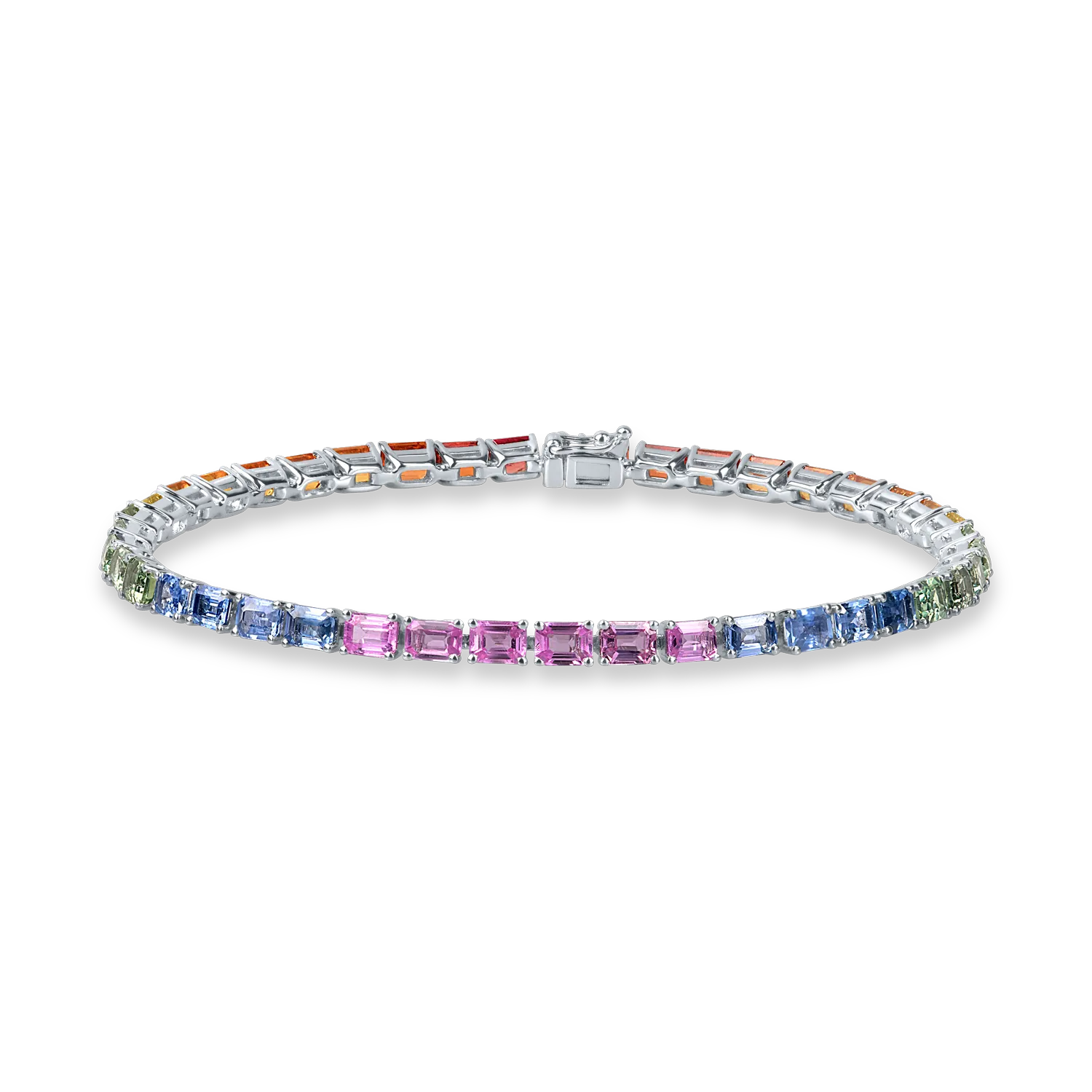 Bratara tennis din aur alb cu safire multicolore rectangulare de 10.9ct