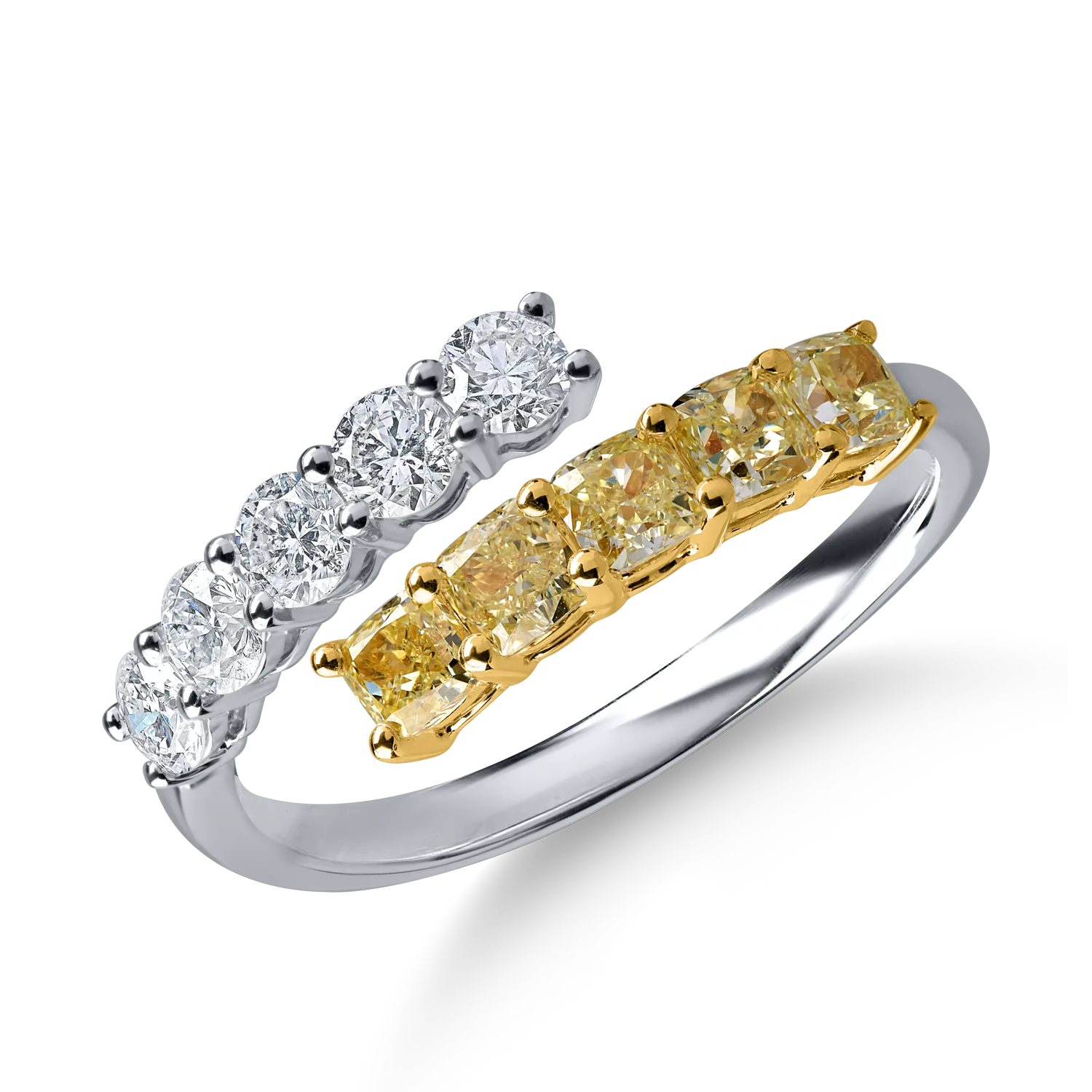 Inel deschis din aur alb-galben cu diamante galbene cushion si diamante incolore de 1.39ct
