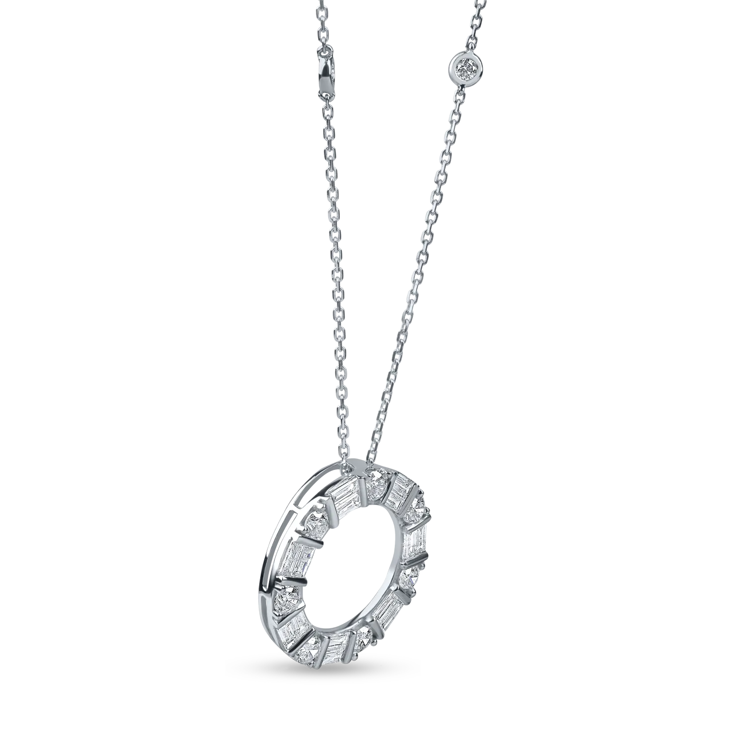Lant cu pandantiv rotund din aur alb cu diamante de 1ct