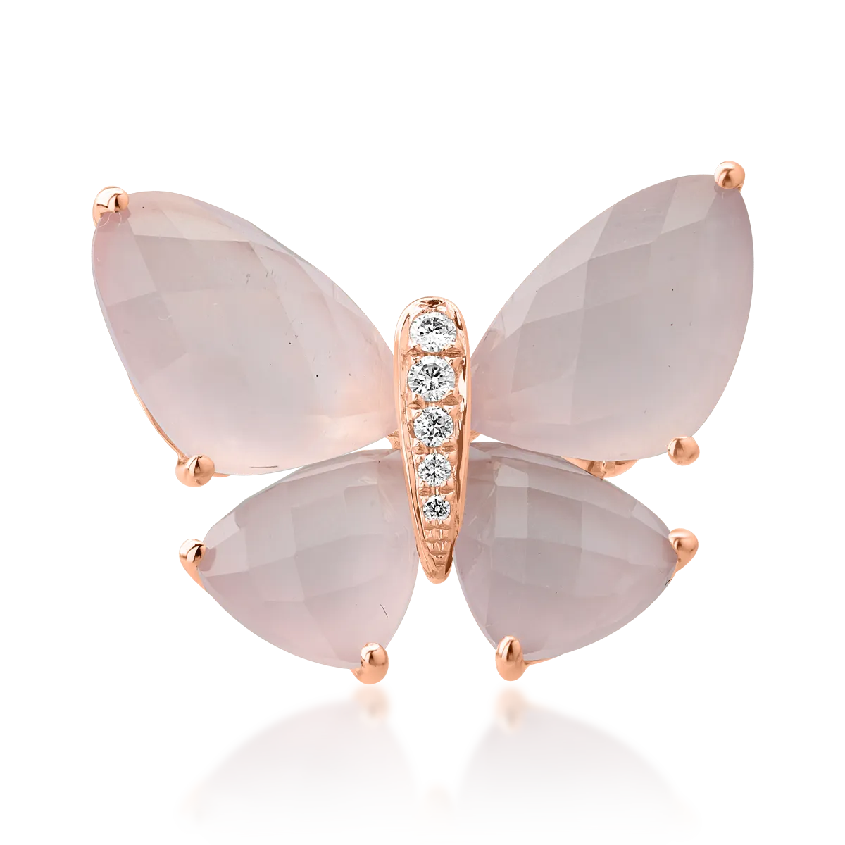 Brosa fluture din aur roz cu quartz trandafiriu de 12.5ct si diamante de 0.07ct