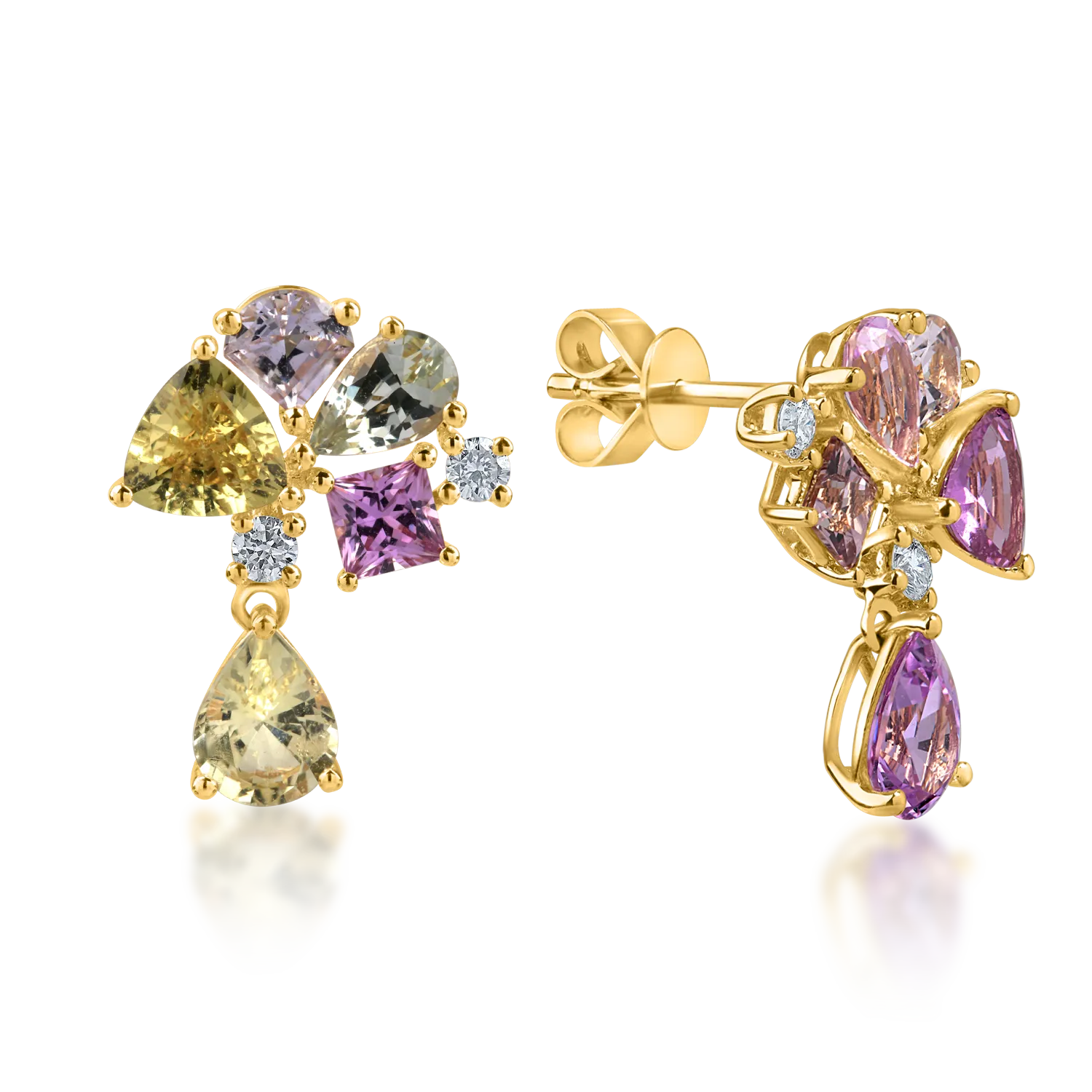 Cercei geometrici din aur galben cu safire multicolore de 3.76ct