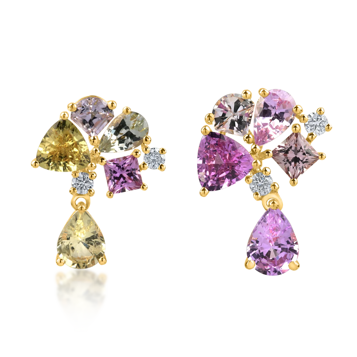 Геометрични обеци от жълто злато с многоцветни сапфири 3.76 кт