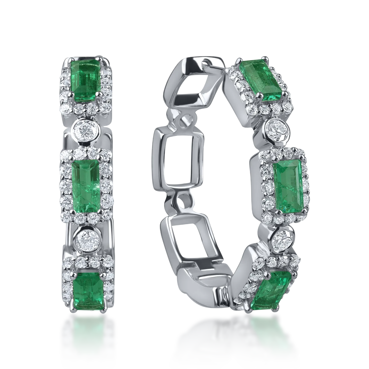 Cercei on ear din aur alb cu smaralde rectangulare de 0.7ct si diamante de 0.5ct