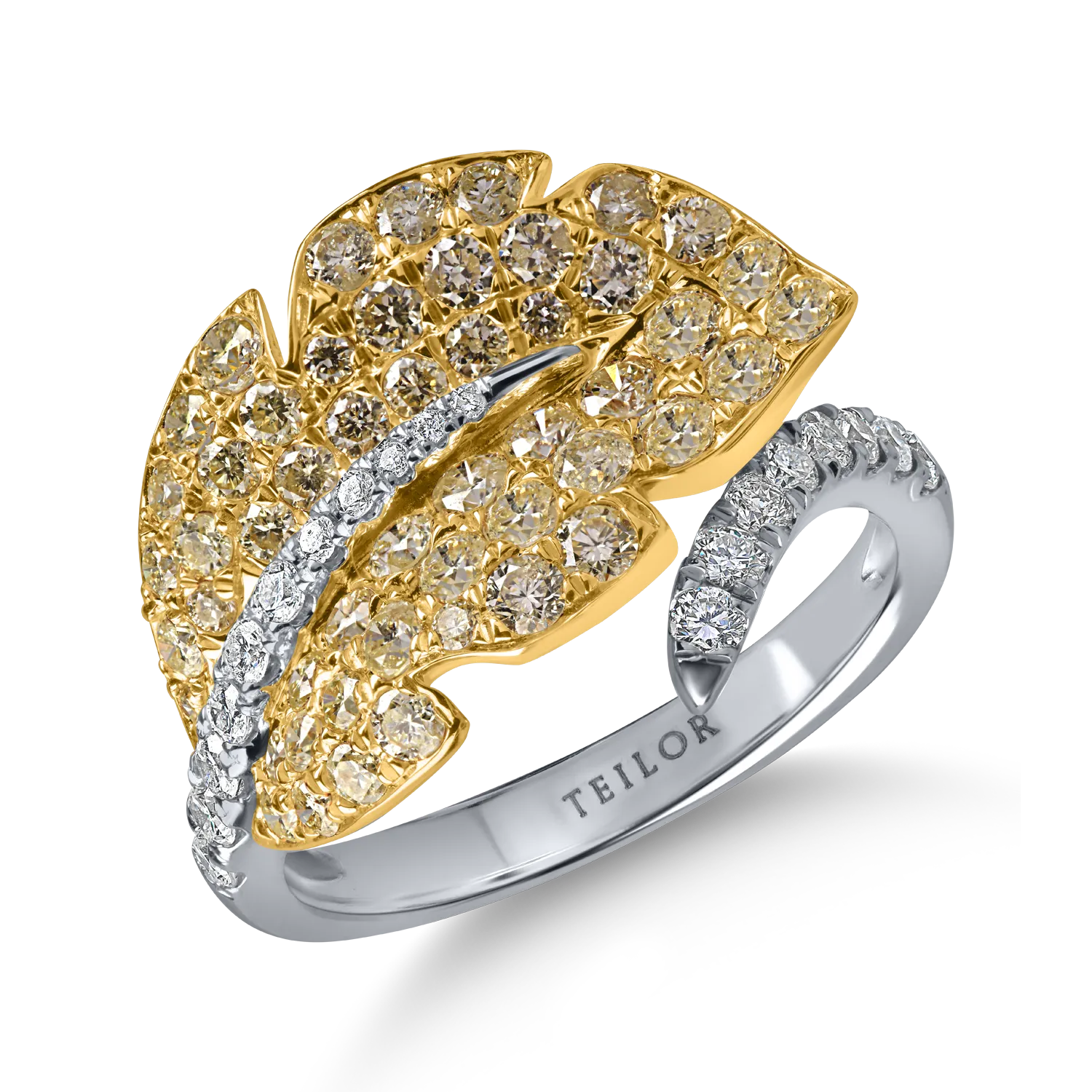 Inel frunza din aur alb-galben cu diamante galbene si incolore de 1.6ct
