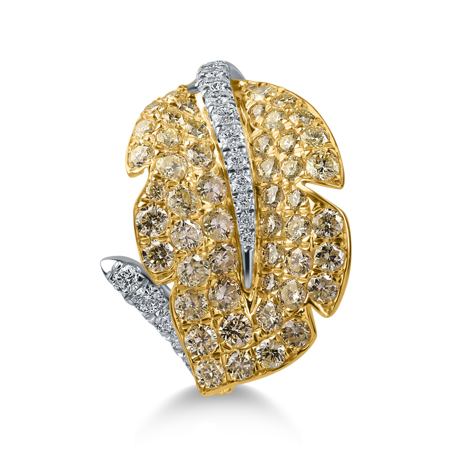Inel frunza din aur alb-galben cu diamante galbene si incolore de 1.6ct