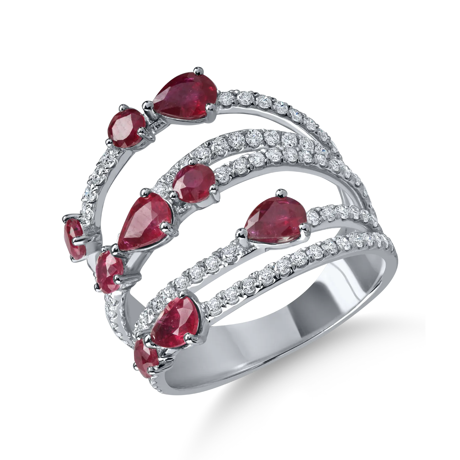 Inel geometric din aur alb cu rubine si diamante de 3ct