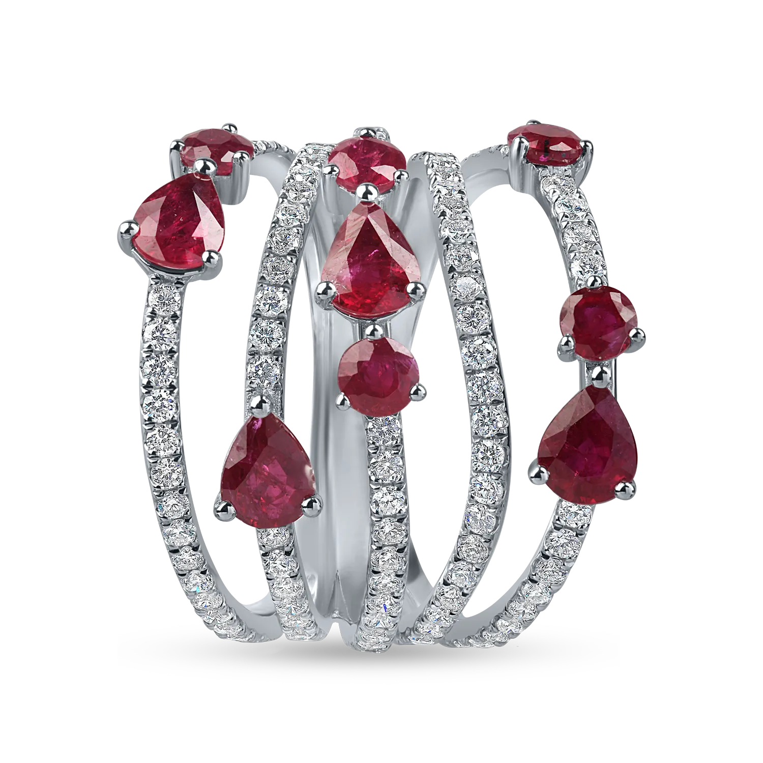 Inel geometric din aur alb cu rubine si diamante de 3ct