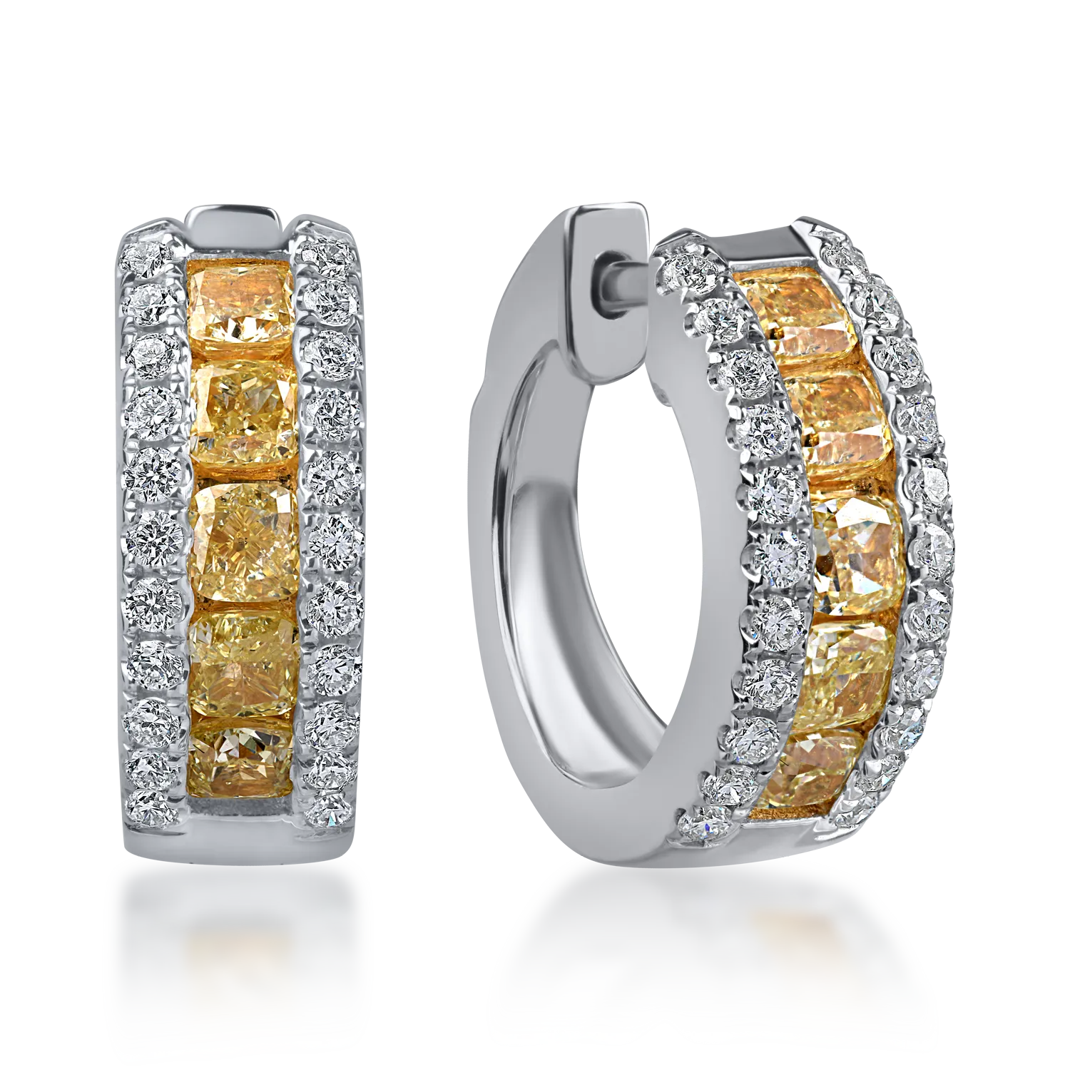 Cercei din aur alb-galben cu diamante galbene si incolore de 1.6ct