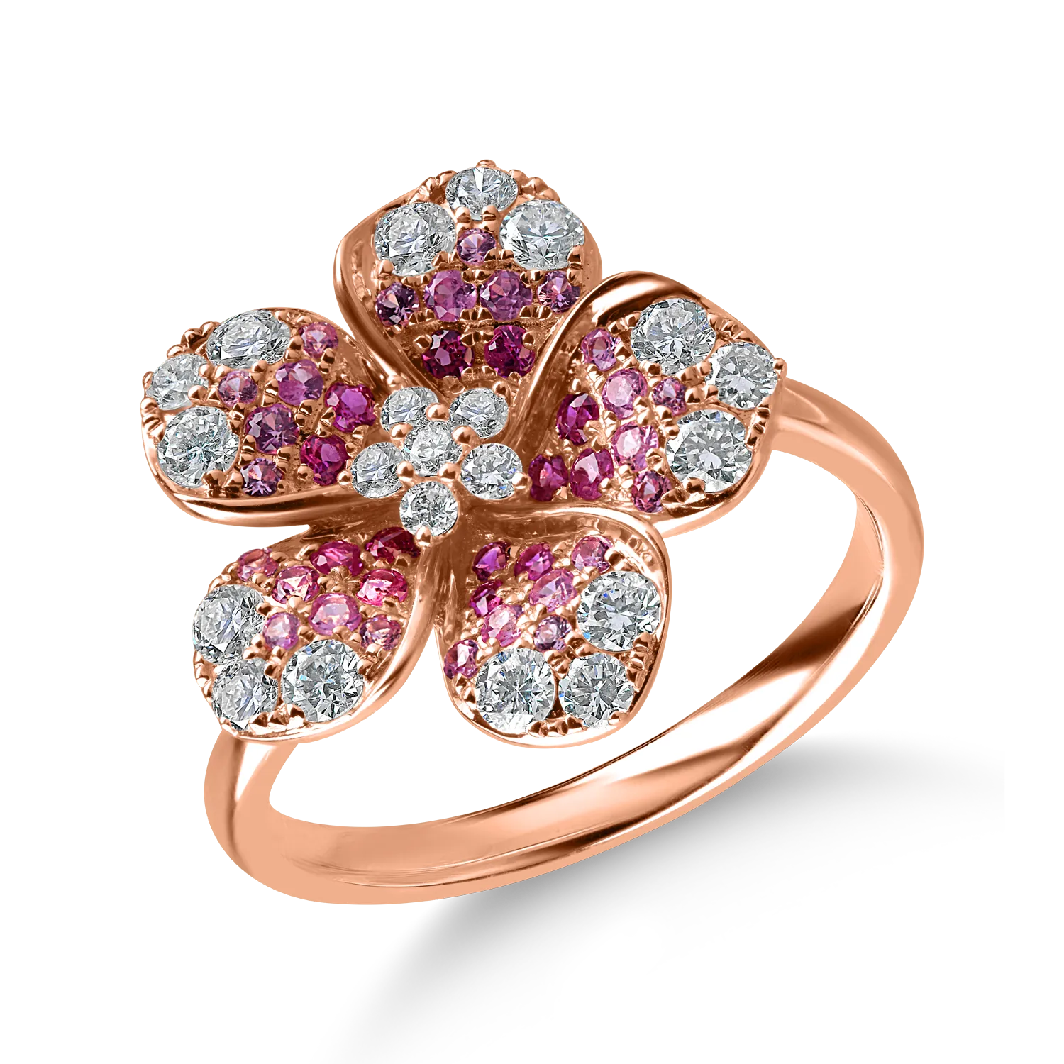 Inel floare din aur roz cu diamante de 1.1ct si safire roz de 0.6ct