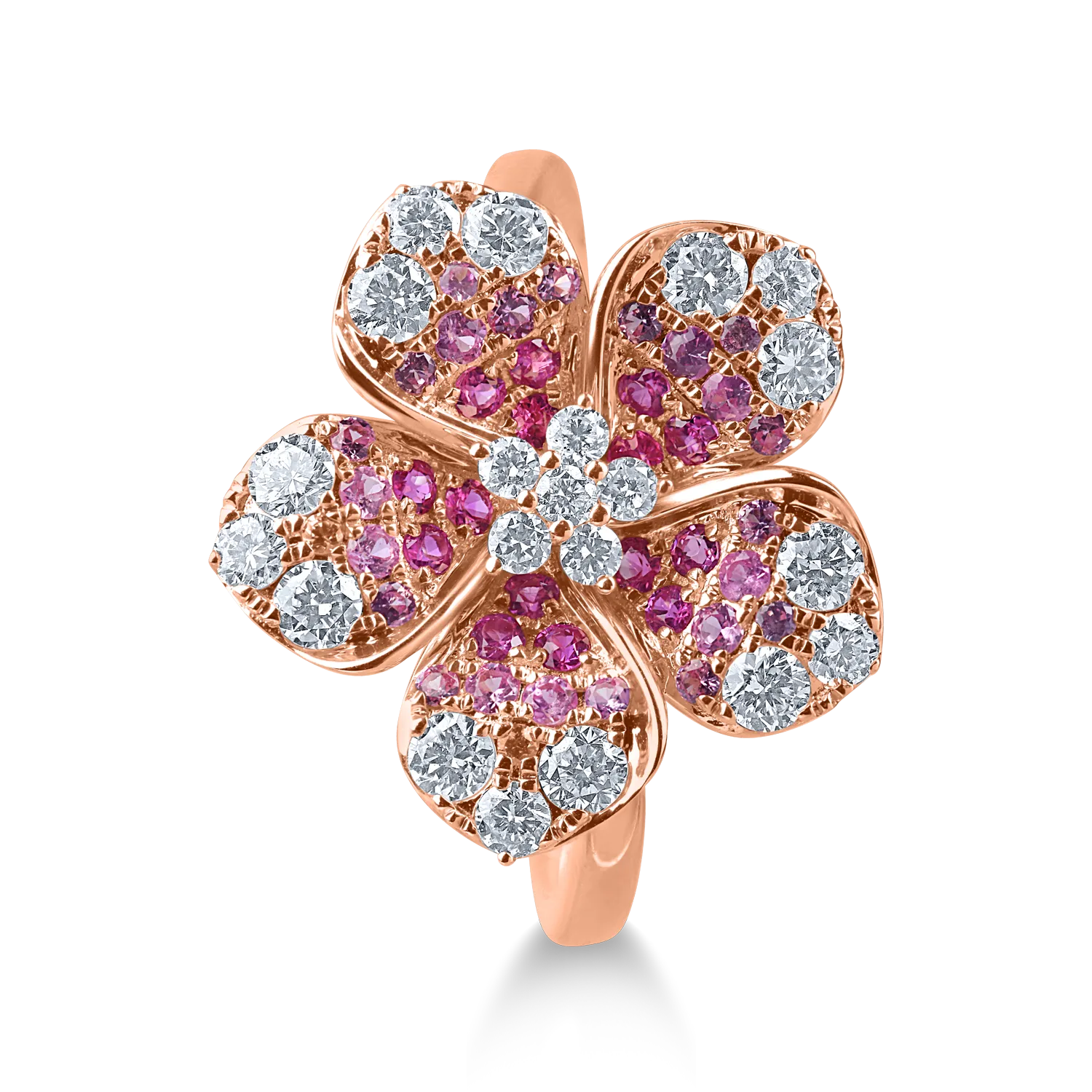 Inel floare din aur roz cu diamante de 1.1ct si safire roz de 0.6ct