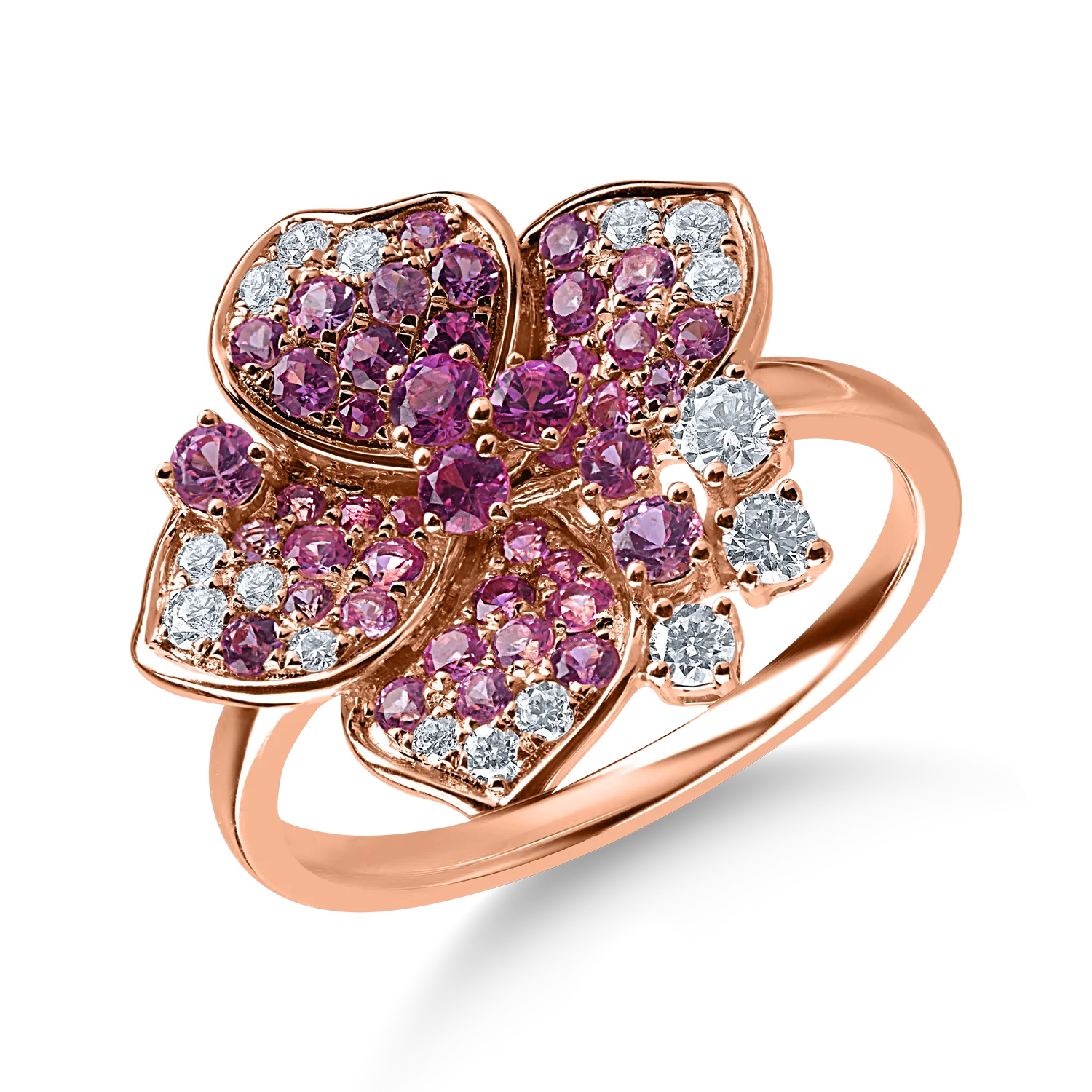 Inel floare din aur roz cu safire roz de 0.9ct si diamante de 0.2ct