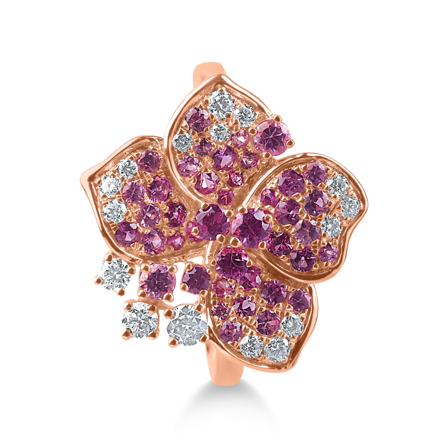 Пръстен с цветя от розово злато с 0.9кт розови сапфири и 0.2кт диаманти