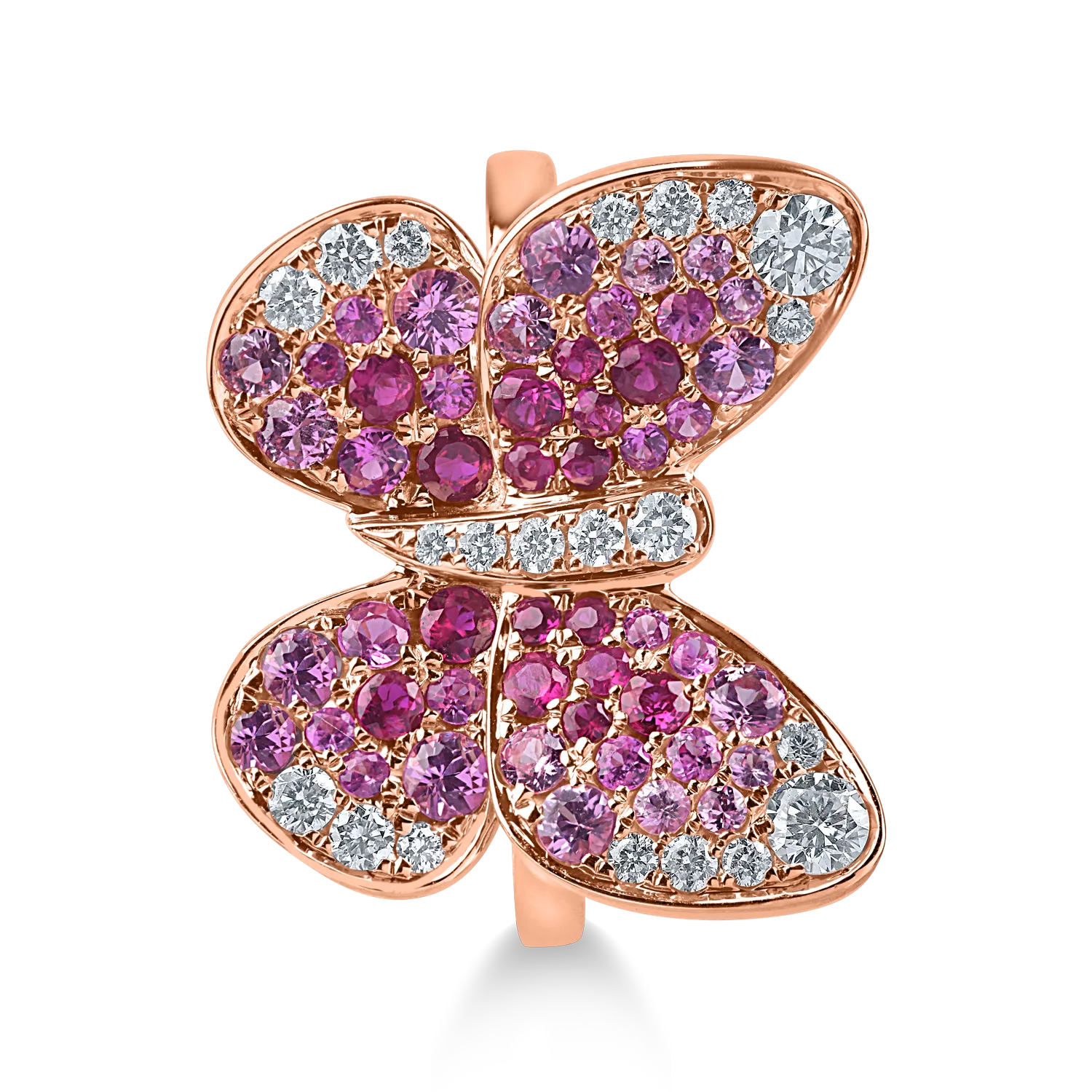 Rózsarany pillangógyűrű 1.4ct drágakövekkel