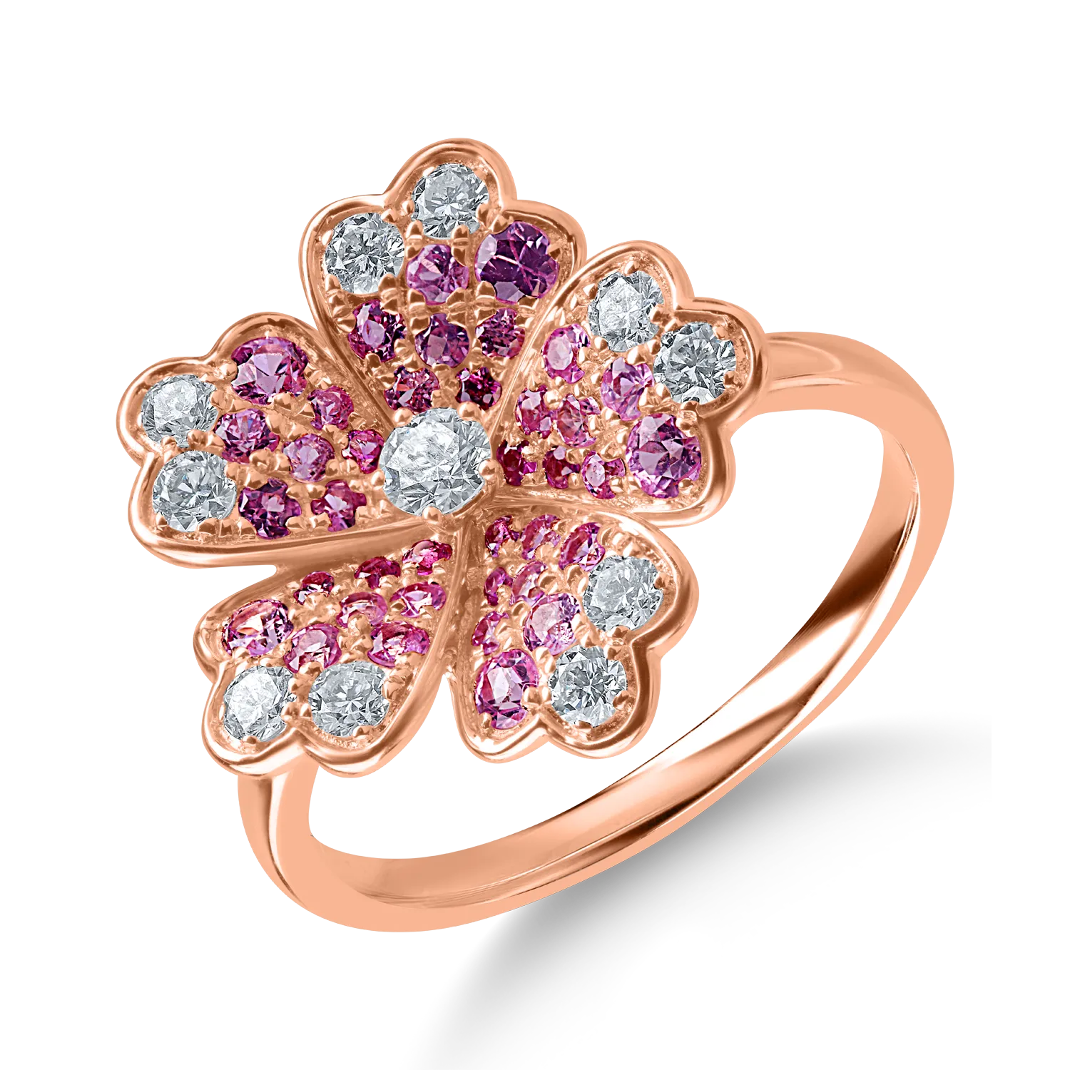 Rose gold flower ring with 0.4ct diamonds and 0.6ct pink sapphires-189216